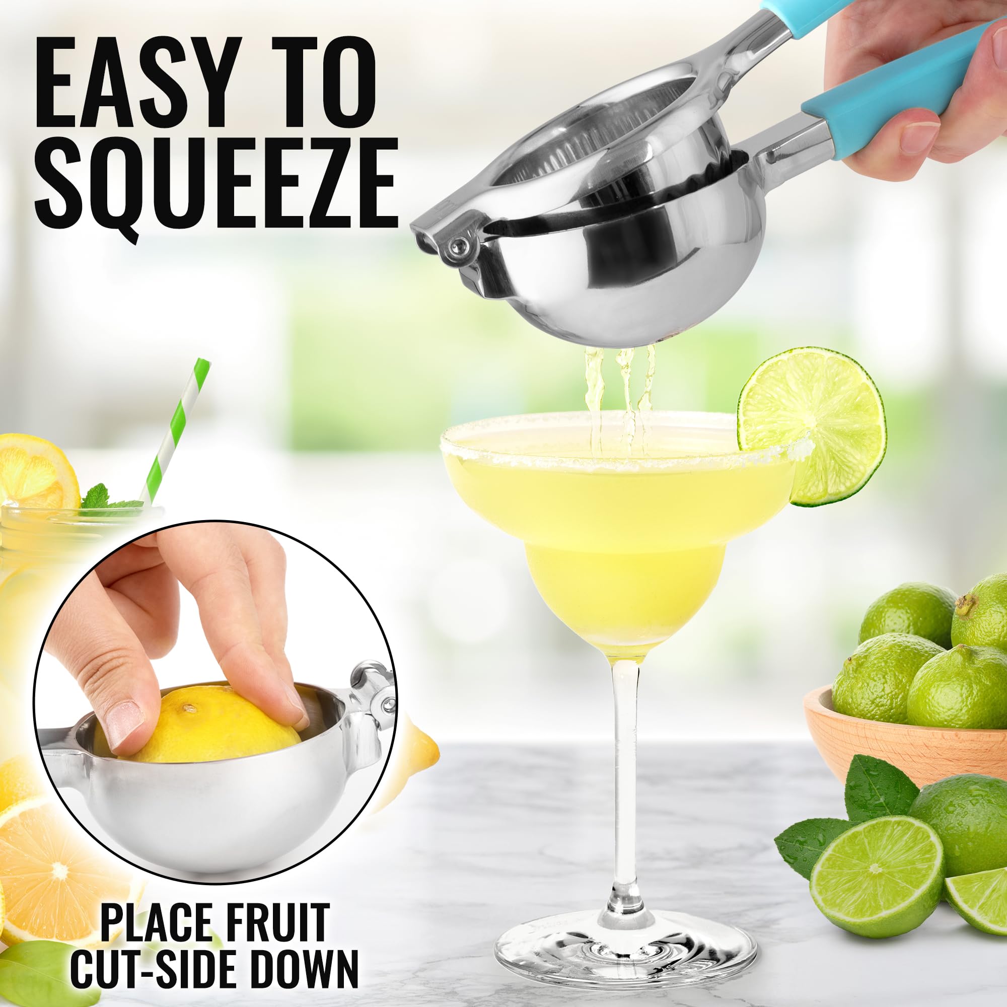 Premium Stainless Steel Lemon Squeezer - Heavy Duty Manual Citrus Juicer with Non-Slip Silicone Handles for Lemons, Limes & Oranges - Perfect for Cocktails, Baking & Fresh Juice Making (Blue)