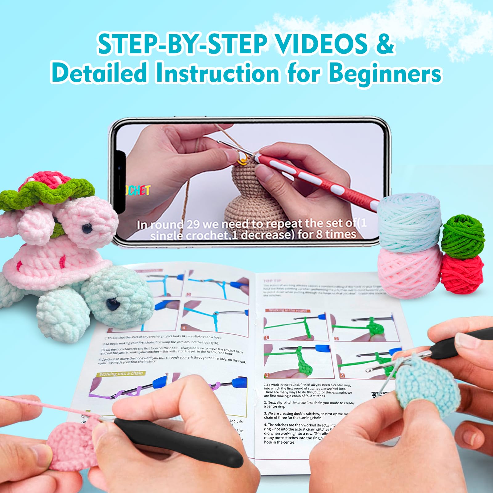 Beginner Crochet Kit with Step-by-Step Video Tutorials - DIY Crochet Animal Kit for Adults & Kids - Complete Starter Set (Strawberry Turtle) - Perfect for Crafting, Gifts & Relaxation
