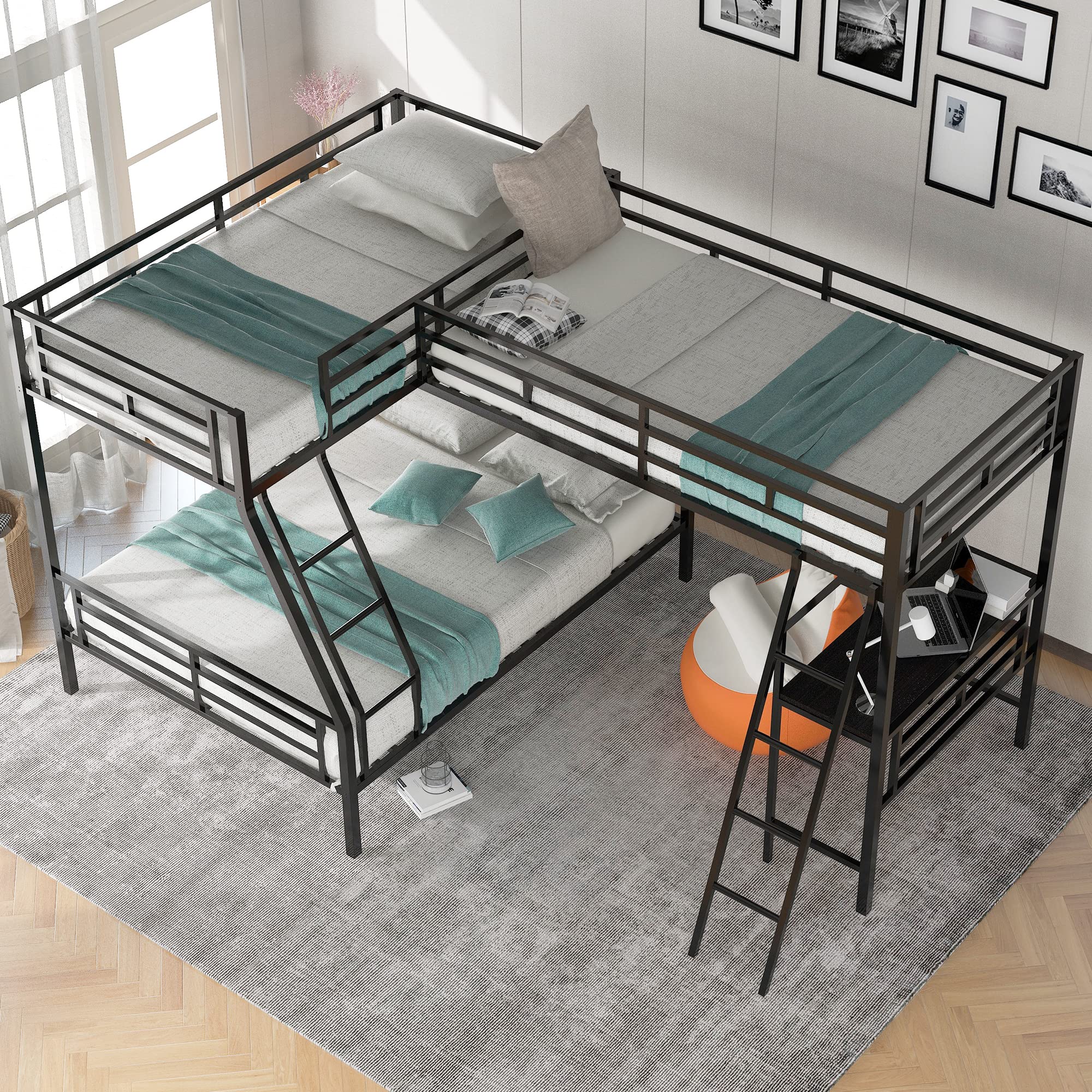 Metal Bunk Bed Frame with Loft & Desk - Twin Over Full for Kids' Bedroom