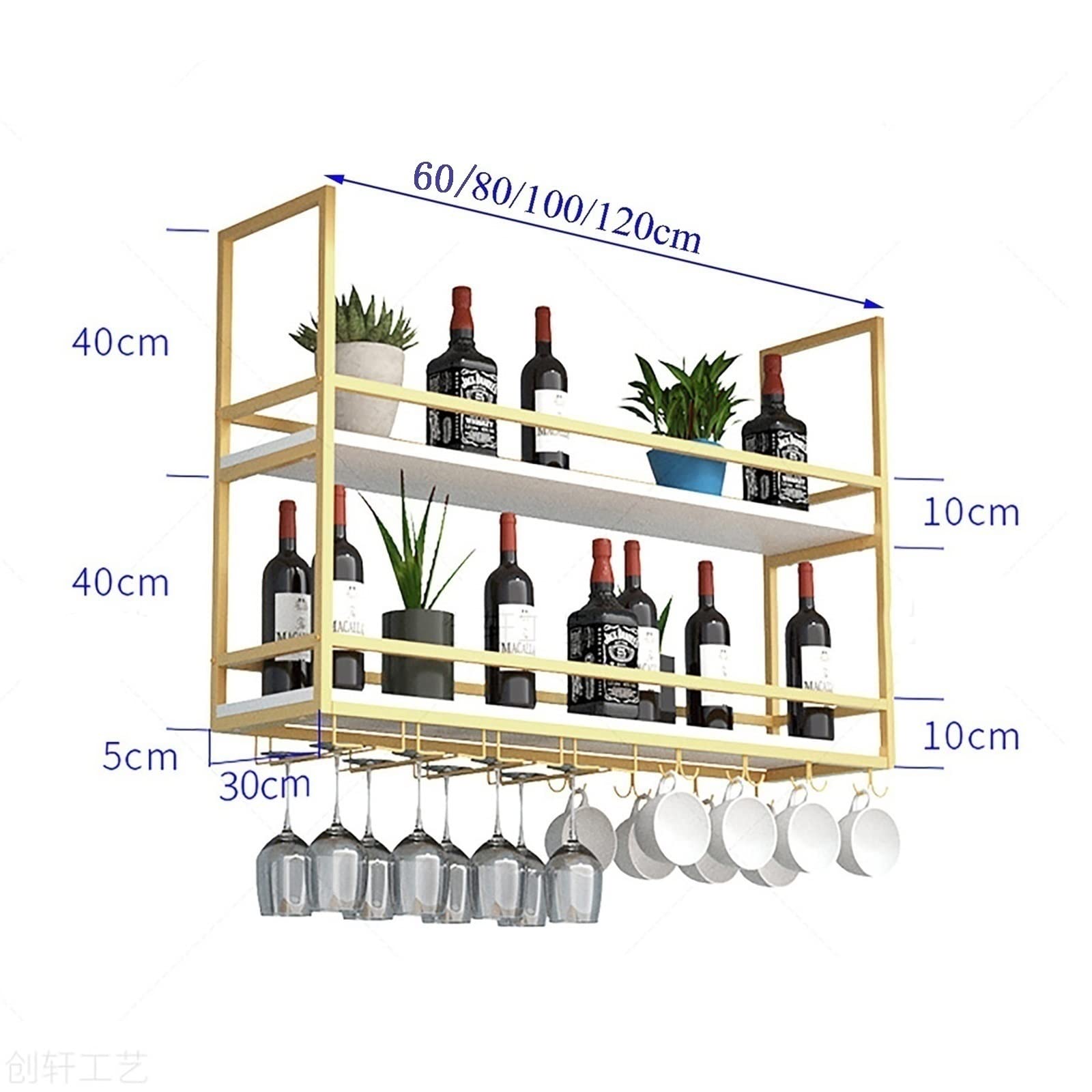 Floating Shelf with Guardrail - Wall Mounted & Ceiling Hanging Wine Glass Rack, Solid Wood & Wrought Iron Display Stand for Kitchen, Living Room, Bar - Perfect for Wine Storage, Plant Display and Home Decor Organization