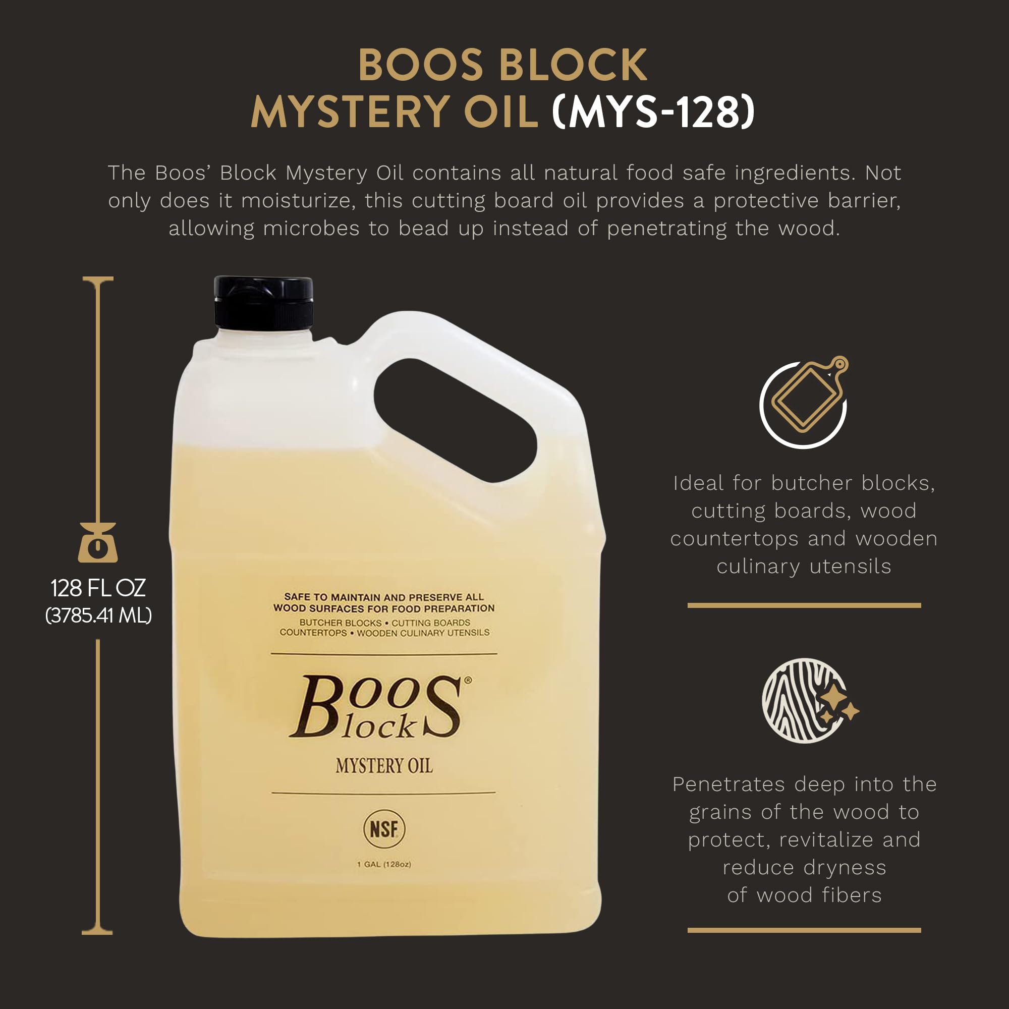 John Boos 128-Ounce Boos Block Mystery Oil - Premium Wood Cutting Board Conditioner & Protector | Food-Safe Wood Treatment for Kitchen Countertops, Butcher Blocks & Wooden Utensils