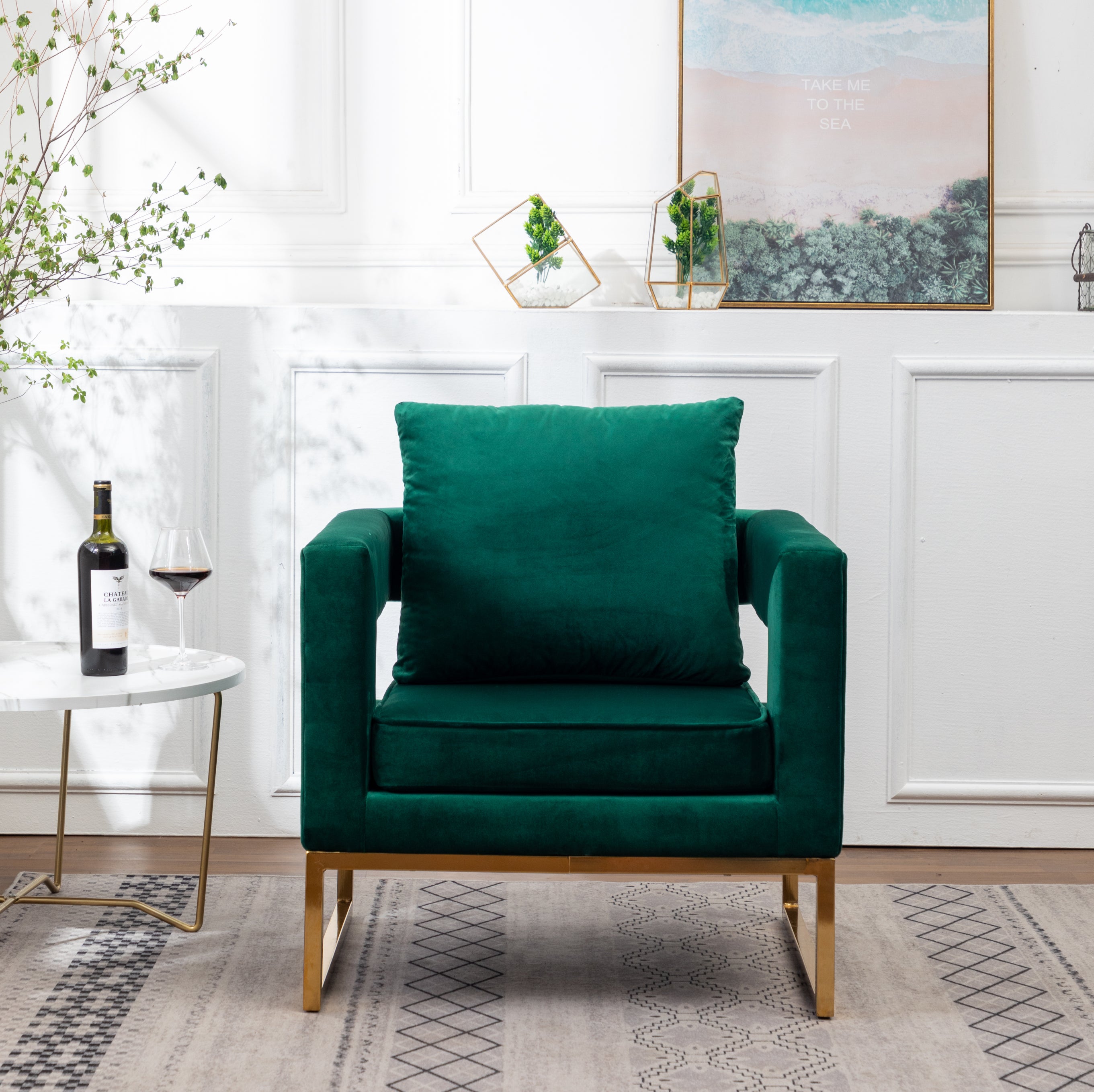 Roundhill Furniture Lenola Modern Upholstered Accent Arm Chair - Green Velvet Lounge Chair for Living Room, Bedroom & Office Decor