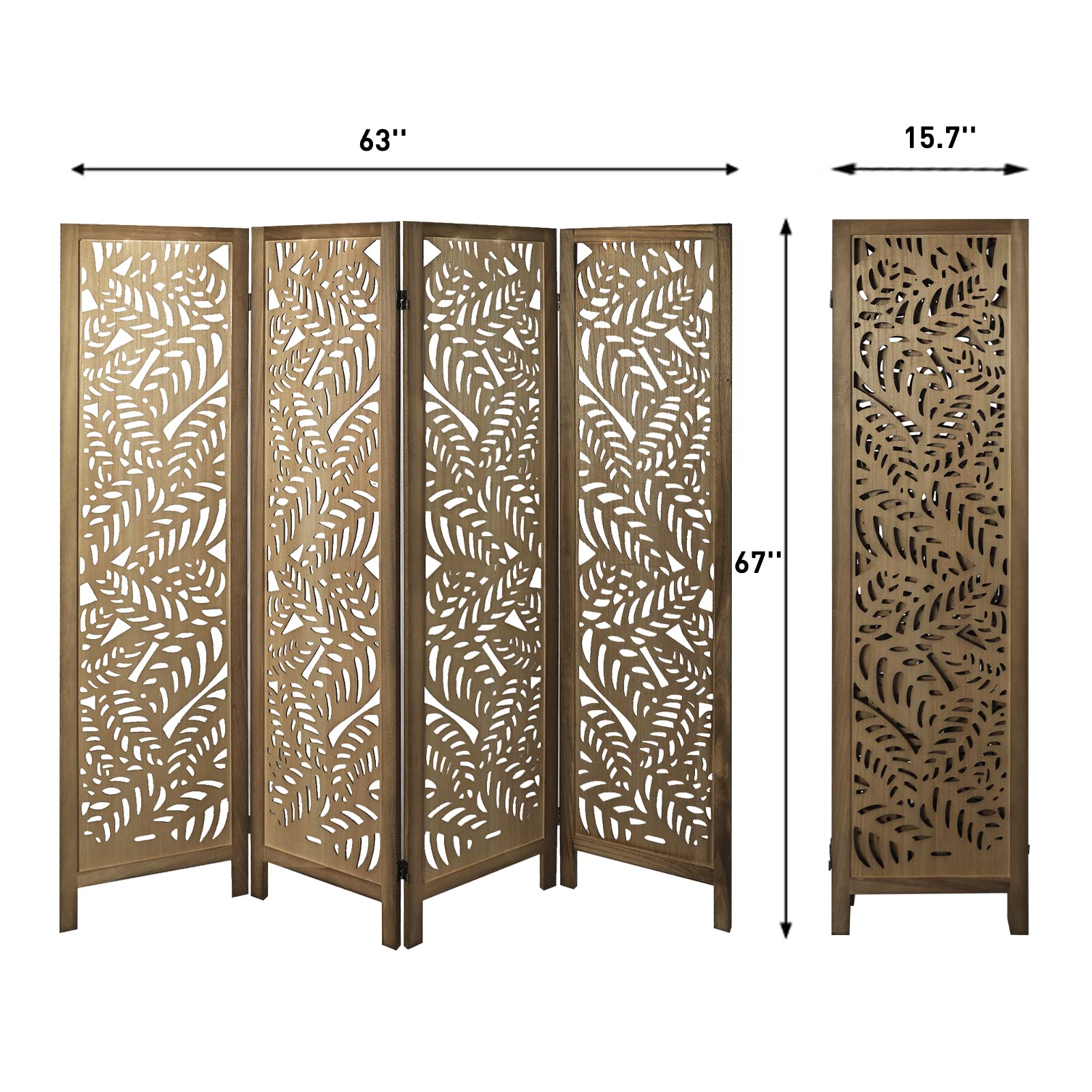 Babion 4-Panel Wooden Room Divider Screen - 5.6ft Tall Folding Partition with Exquisite Carvings - Modern Brown Bedroom Divider for Privacy & Space Separation | Perfect for Studios, Apartments, Offices & Home Decor