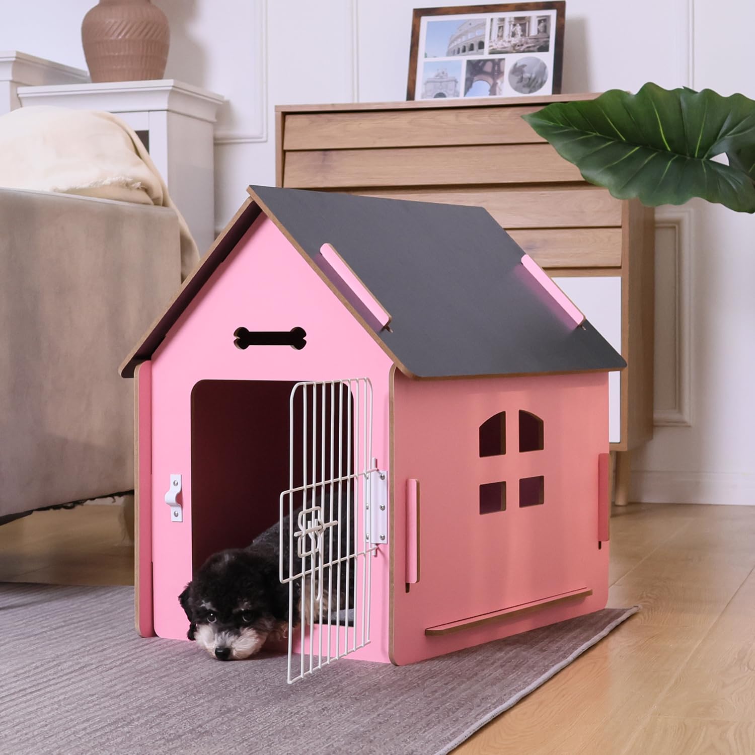 Cozy Wooden Indoor Dog House for Small Dogs & Cats - Ventilated Design with Elevated Floor, Warm Pet Cave (Large, Pink) - Perfect for Living Rooms, Bedrooms & Pet-Friendly Spaces