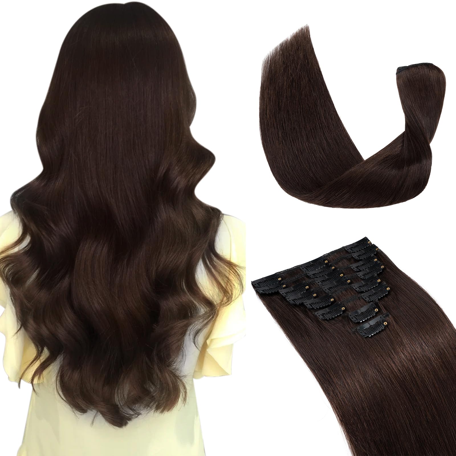 Hairro Clip in Hair Extensions 100% Human Hair - 14 Inch Thin Weft (60g) 8-Piece Set with 18 Clips - Straight Hair for Women - #2 Dark Brown - Perfect for Volume, Length & Styling for Parties, Weddings & Daily Wear