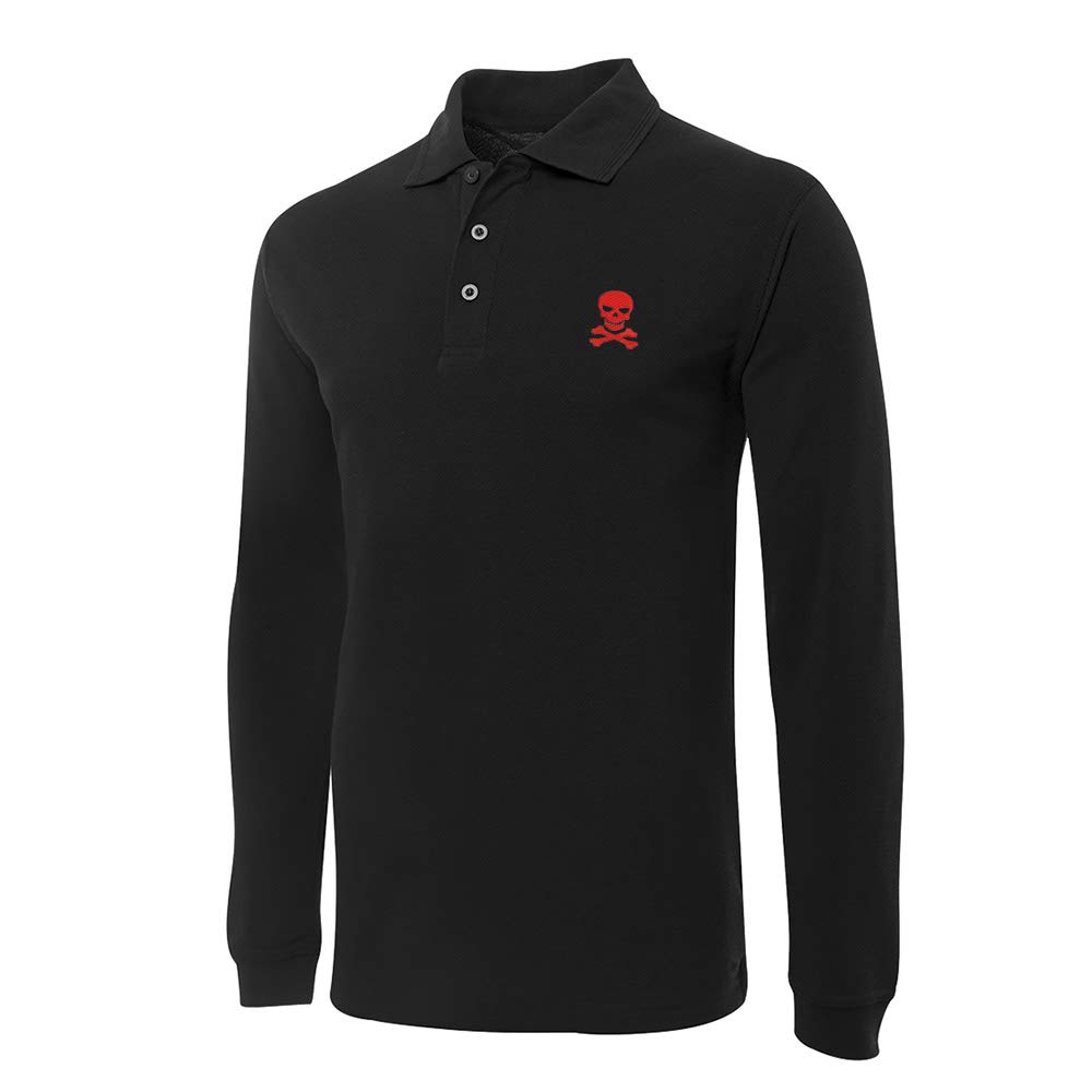 Skull and Crossbones Pirate Embroidered Long Sleeve Polo Shirt for Men - Vintage Nautical Style Cotton Shirt - Perfect for Halloween, Pirate Parties, and Casual Wear