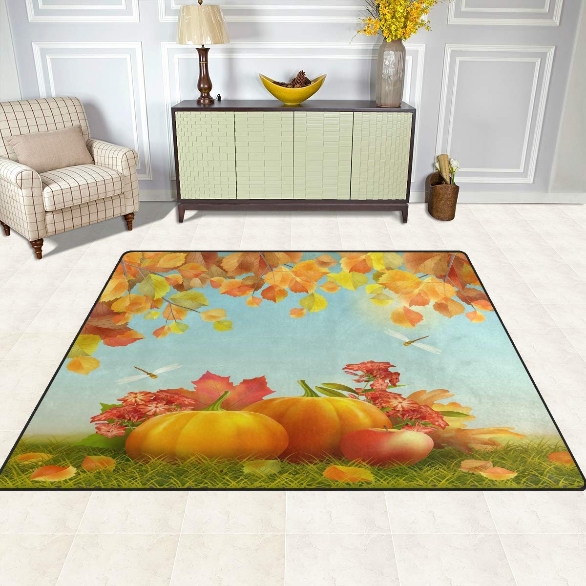ALAZA Autumn Harvest Thanksgiving Pumpkin Maple Leaves Area Rug 7' x 5' - Non-Slip Living Room & Bedroom Carpet for Fall Decor, Seasonal Home Accent
