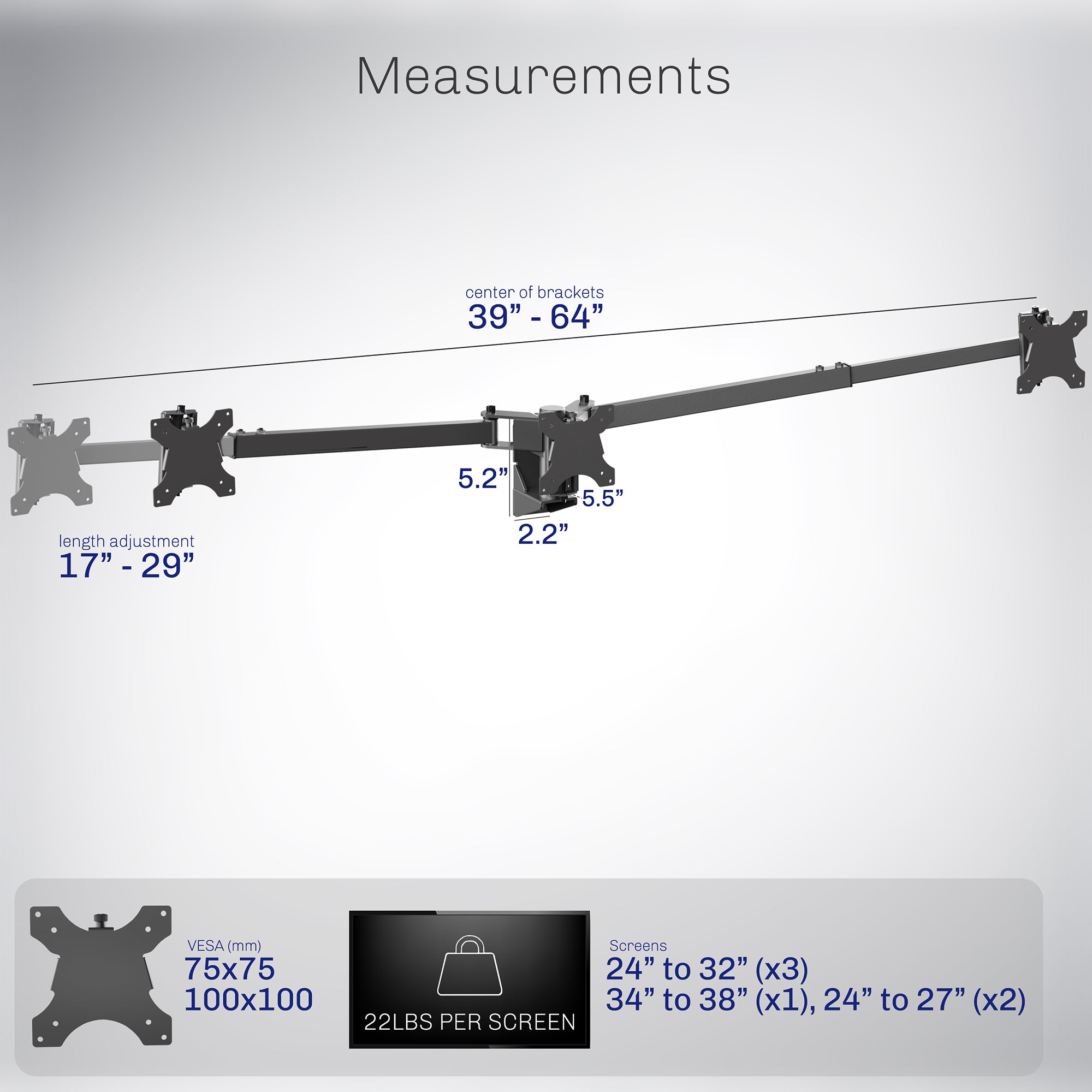 Adjustable Telescoping Triple Monitor Wall Mount Stand - Heavy Duty VESA 75x75/100x100 - Perfect for Home Office, Gaming & Workspace Setup