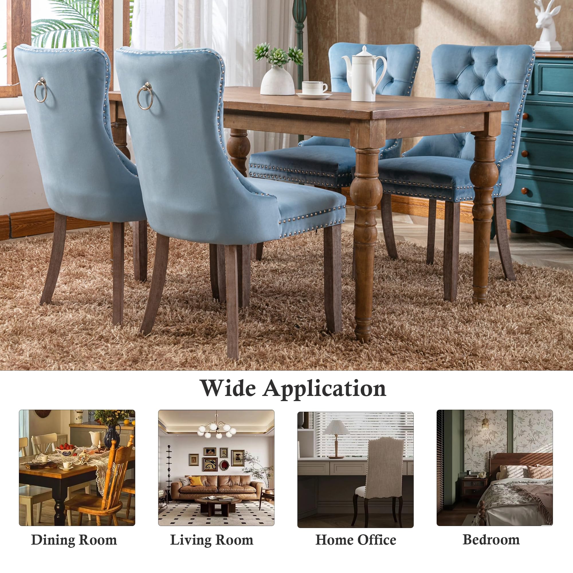 Rhomtree Set of 2 Velvet Dining Chairs - Luxury Tufted Back with Nailhead Trim, Solid Rubber Wood Legs (Light Blue) - Perfect for Kitchen, Dining Room & Home Decor