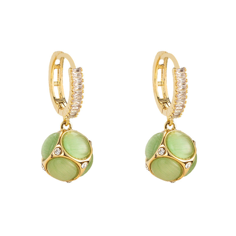 Vintage Cat Eye Stone Ball Hoop Earrings for Women - Elegant Gold/Silver Dangle Earrings | Perfect for Parties, Weddings & Everyday Wear | A7573