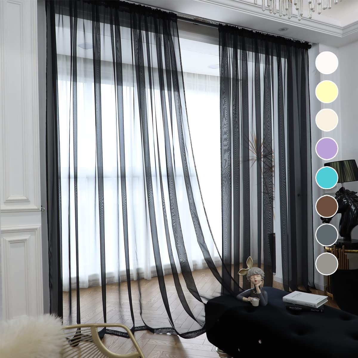 Black Sheer Curtains 95 Inches Long - 2 Panels Semi-Sheer Voile Window Drapes with Rod Pocket for Kitchen, Bedroom & Living Room - Light Filtering Privacy Curtains for Home Decor (52