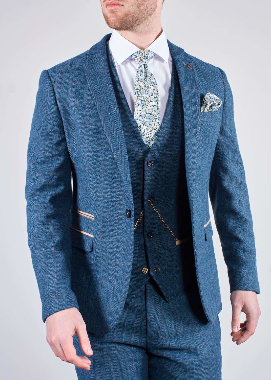 Marc Darcy Dion Men's 3 Piece Blue Tweed Suit - Slim Fit Wedding, Business & Formal Attire for Special Occasions