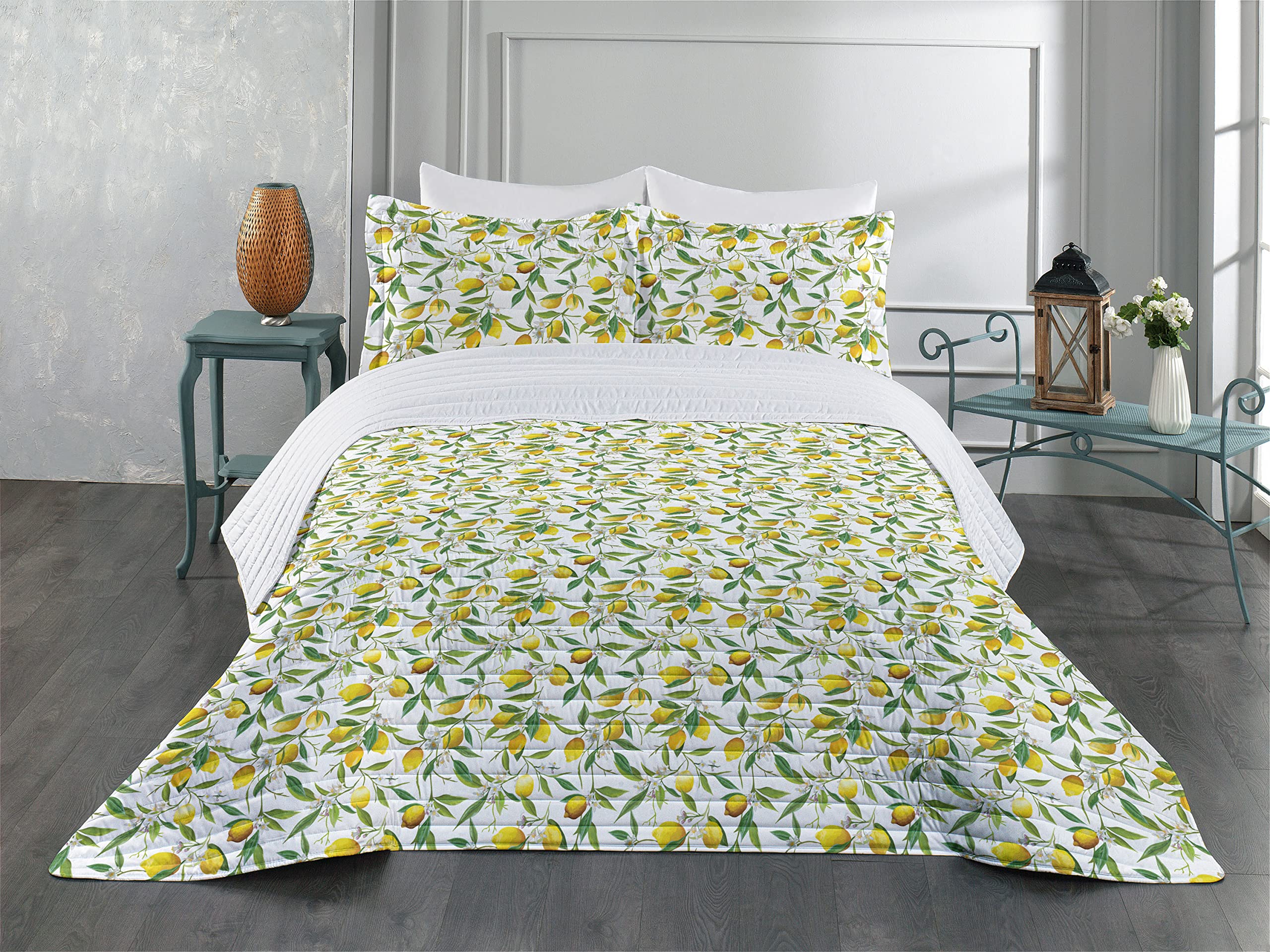 Ambesonne Queen Size Microfiber Bedspread Set - Flowering Lemon & Citrus Print, Soft Bedding with Pillow Shams & Comforter in Fern Green, Yellow & White | Nature-Inspired Bedroom Decor for Spring & Summer Refresh