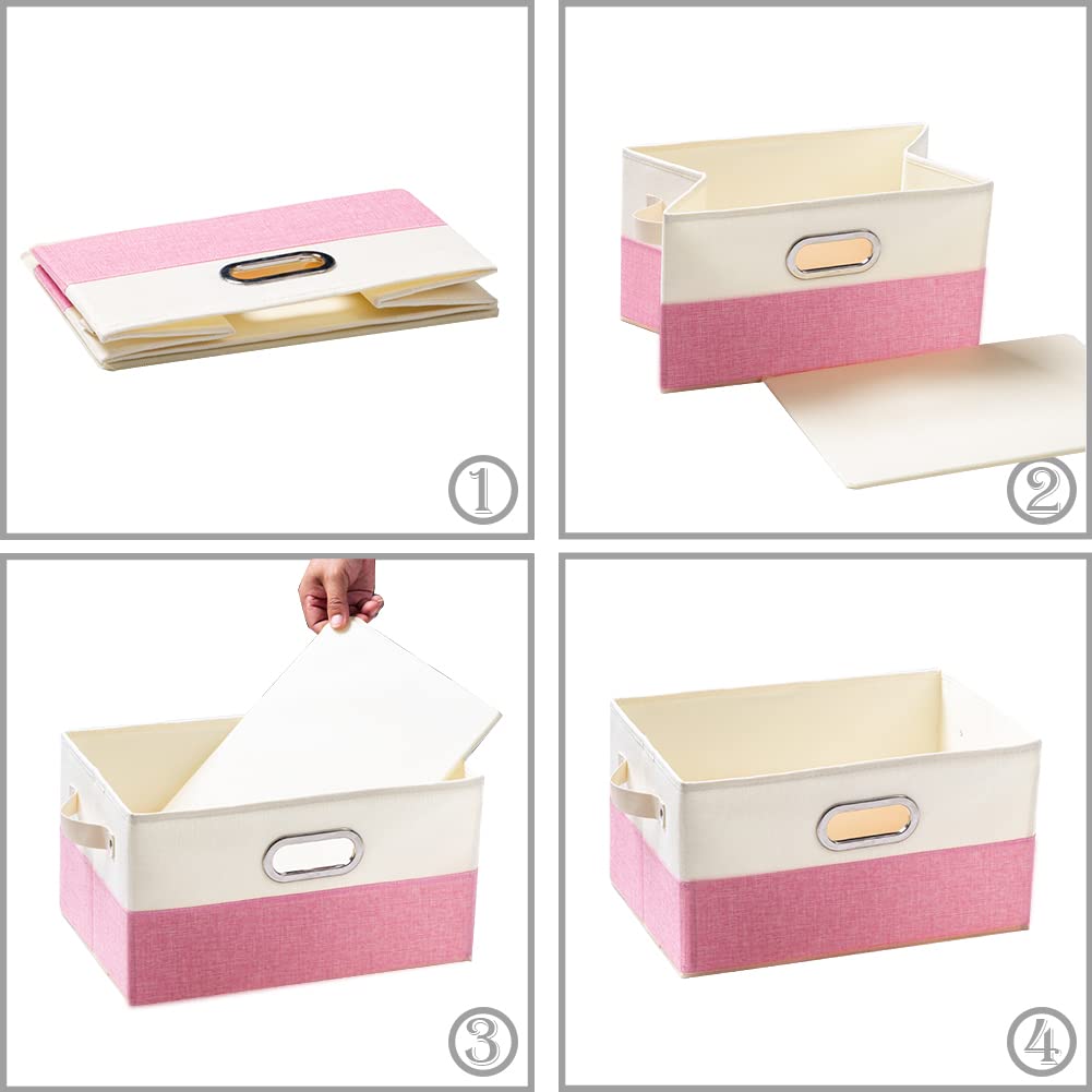 PRANDOM Large Collapsible Storage Baskets [3-Pack] - Decorative Fabric Storage Bins with Leather/Metal Handles for Closet, Shelves, Bedroom & Living Room (14.9x9.8x8.3 Inch) - Pink & Cream Organizers for Home, Office & Nursery Storage Solutions
