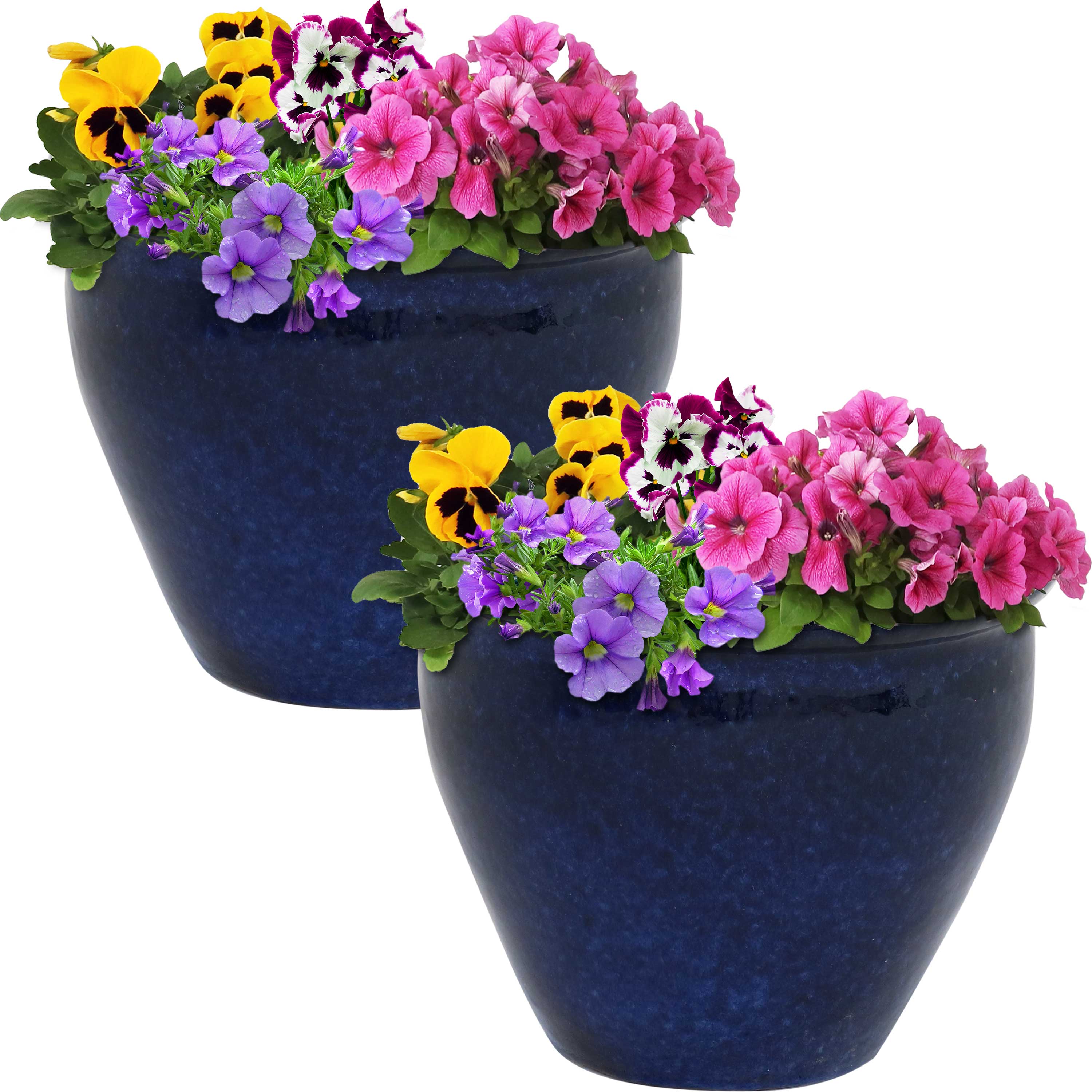 Sunnydaze Chalet Glazed Ceramic Planter with Drainage Holes - Set of 2 for Indoor & Outdoor Plants - Perfect for Home, Garden, Patio, and Balcony Decor