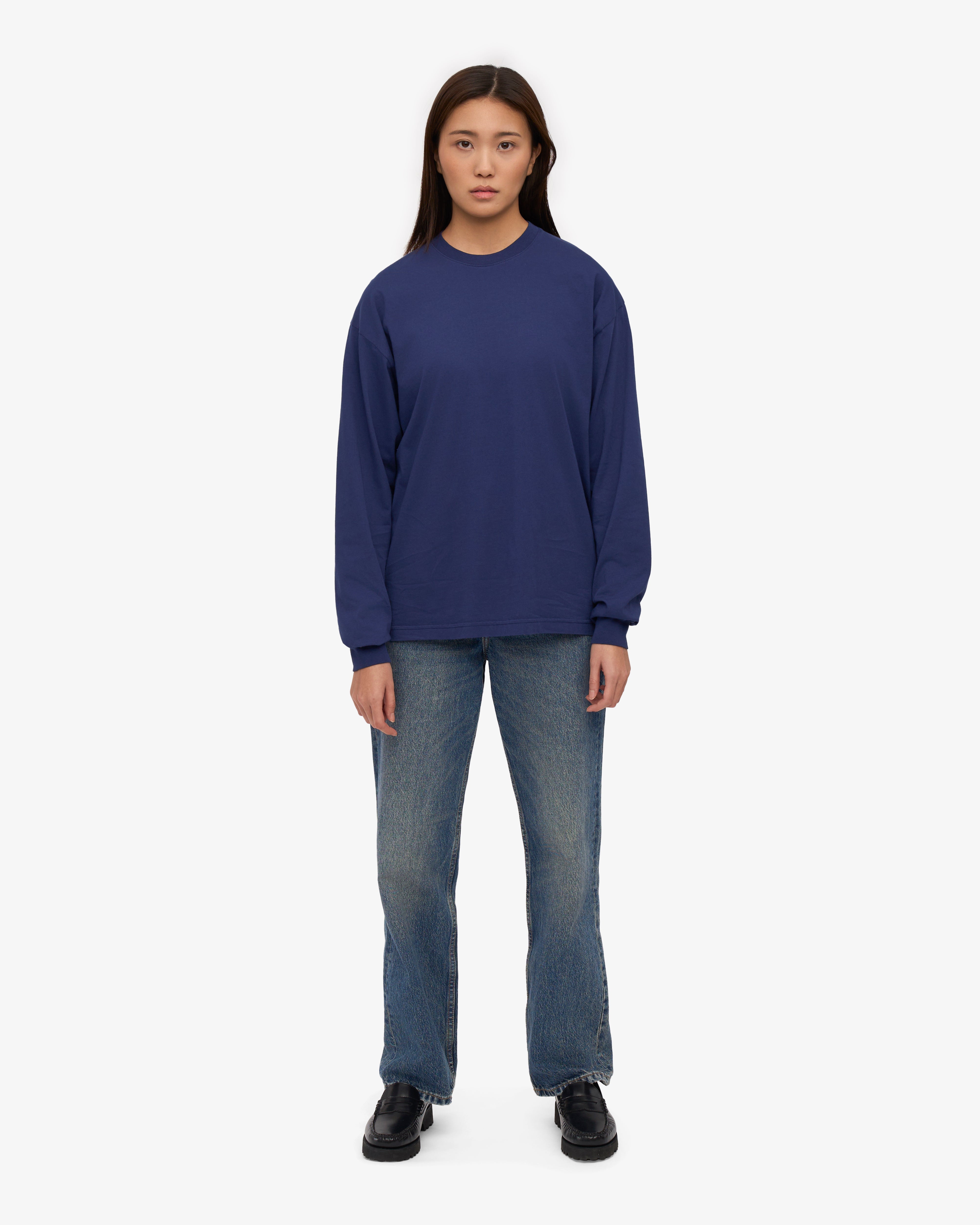 Organic Oversized Long Sleeve T-Shirt for Women - Soft Cotton Crewneck Top in Marine Blue - Casual Loungewear & Layering Essential
