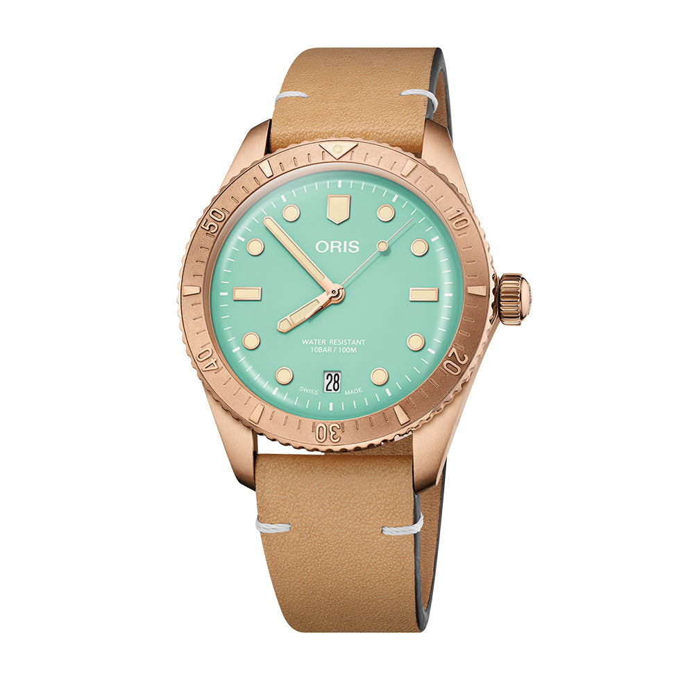 Divers Sixty-Five Cotton Candy Automatic 38mm Green Leather Strap Watch - Perfect for Diving, Swimming & Everyday Wear
