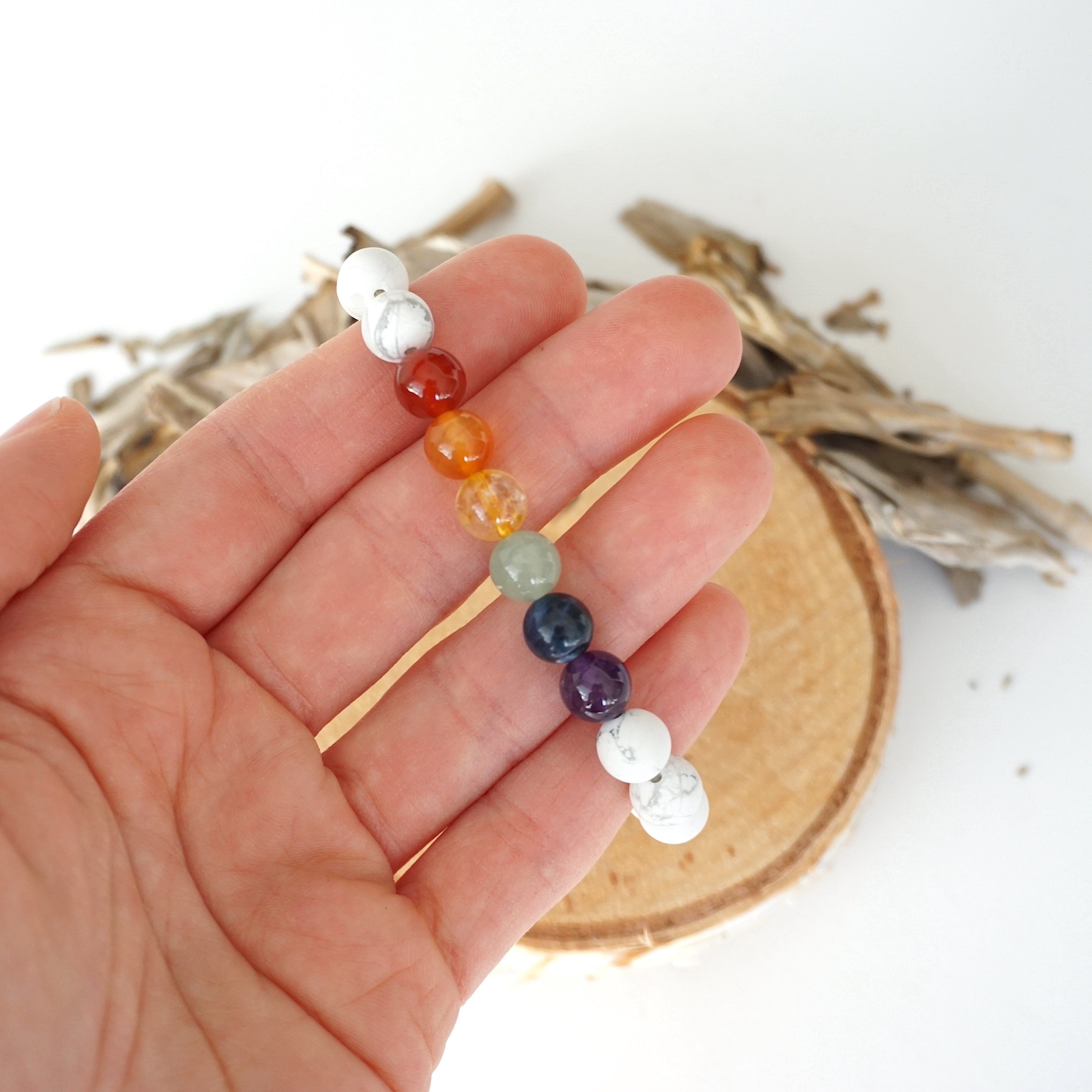 Healing Crystal Mala Bracelet with Rainbow White Howlite, Carnelian, Citrine, Green Aventurine, Lapis Lazuli & Amethyst - Meditation, Yoga & Spiritual Chakra Balancing Jewelry