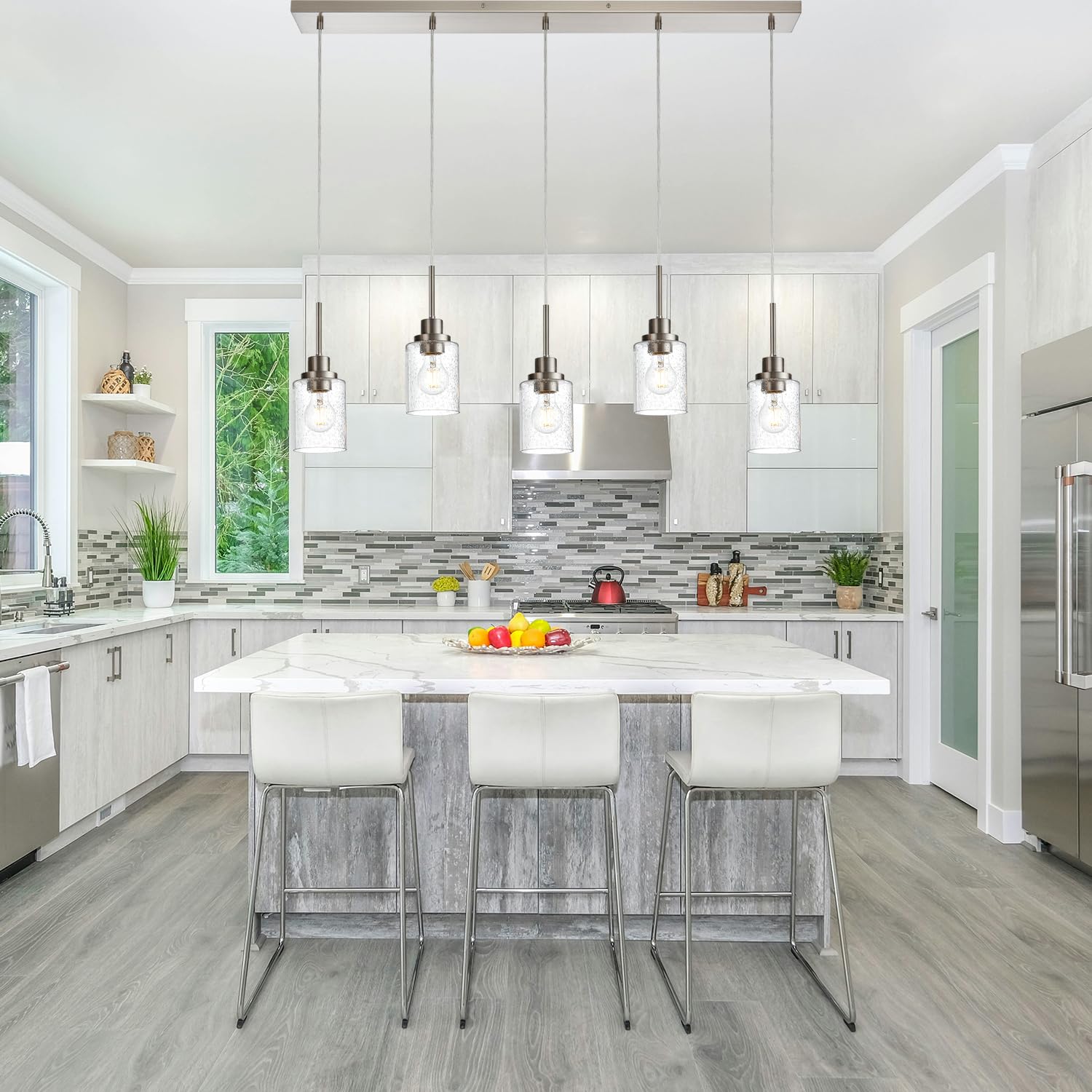 Modern Brushed Nickel Linear Chandelier - 5-Light Farmhouse Pendant Lighting with Clear Seeded Glass for Dining Room, Kitchen Island & Living Room | Contemporary Ceiling Light Fixture for Home Decor