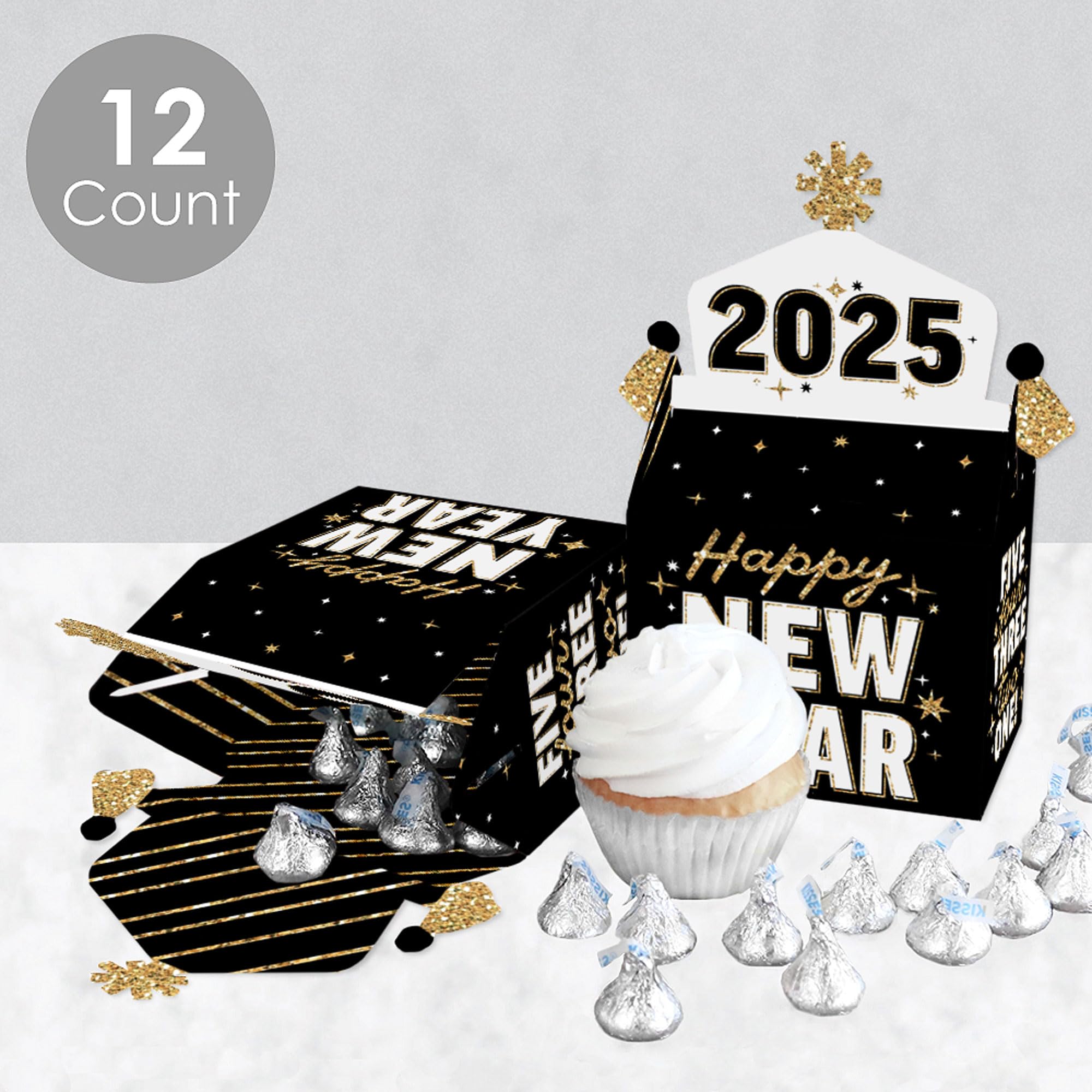Big Dot of Happiness Hello New Year Treat Box Party Favors - 12-Pack 2025 NYE Goodie Gable Boxes for New Year's Eve Celebrations, Office Parties & Holiday Gift Giving