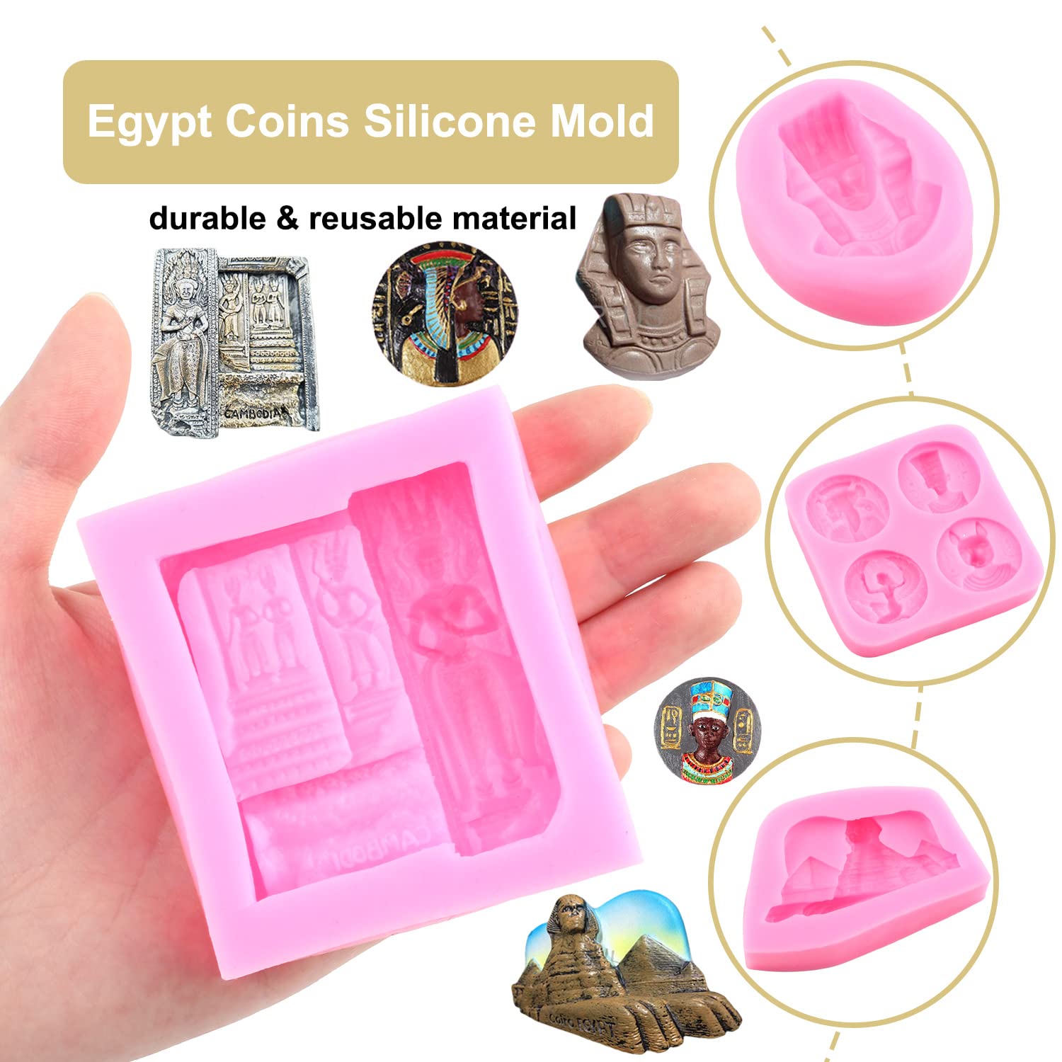 Antique Egyptian Coin Silicone Mold Set - Pharaoh, Mummy, Sphinx Fondant Molds for Cake Decorating, Chocolate, Candy, Polymer Clay & Gum Paste (4-Piece Set) - Perfect for DIY Baking, Candy Making, and Craft Projects