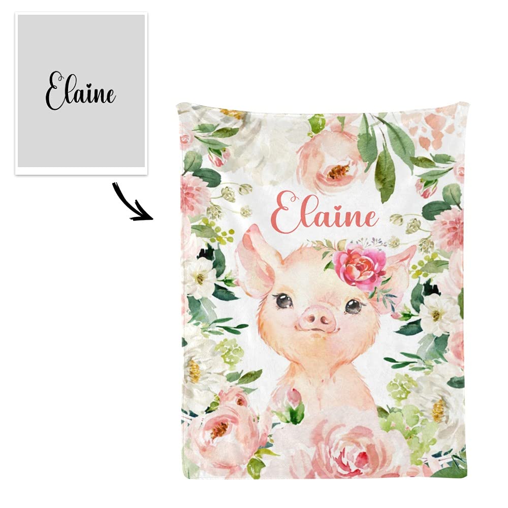 Personalized Baby Blanket with Cute Pig & Blush Pink Flowers - Super Soft Custom Fleece Blanket for Boys & Girls - Baby Shower, Birthday, Wedding Gift - 30