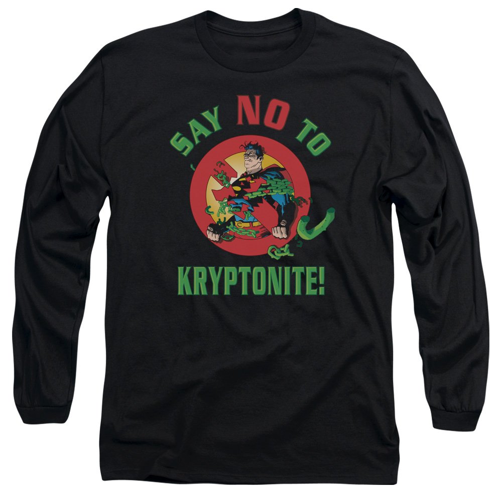 Superman Men's 'Say No To Kryptonite' Long Sleeve T-Shirt - Black Graphic Tee for Comic Fans & Superhero Costume Parties
