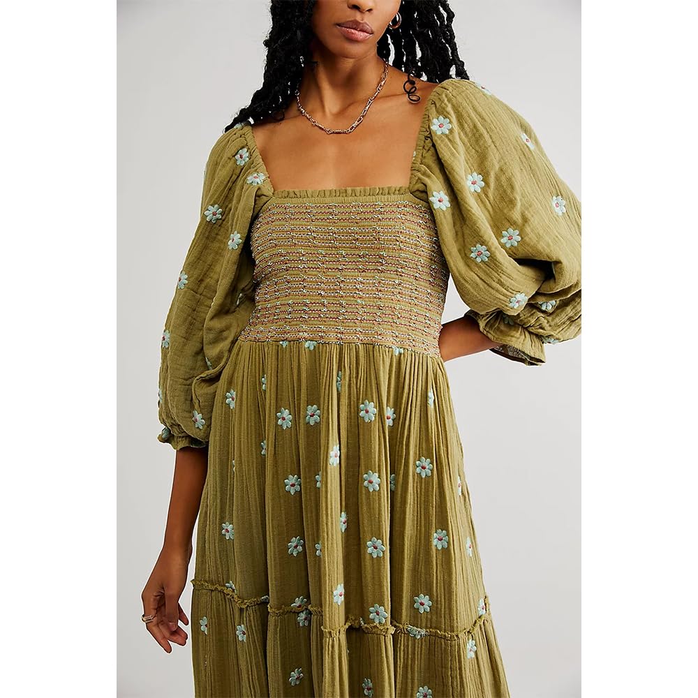 Women's Floral Embroidered Maxi Dress with Long Puff Sleeves & Square Neck - Bohemian Flowy Summer Dress with Pockets & Smocked Waist | Perfect for Beach Vacations, Music Festivals, and Casual Outings