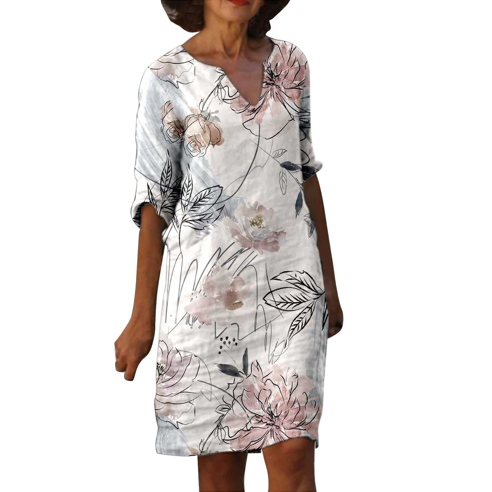 Vintage Floral Print Women's V-Neck Midi Dress - Half Sleeve Casual Summer Dress for Daily Wear | Perfect for Office, Date Night & Outdoor Activities