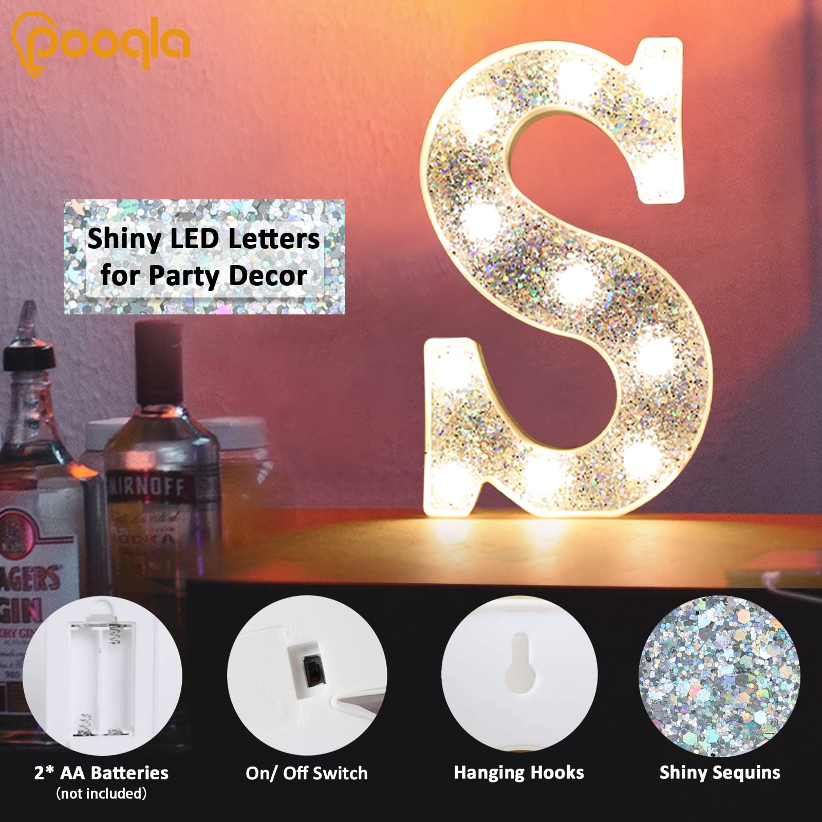 Pooqla LED Marquee Letter Lights - Silver Glitter Alphabet Sign with Battery Power for Night Light, Birthday Party, Wedding, Home Bar & Christmas Decorations - Perfect for Girls Gifts & Room Decor - Letter Q