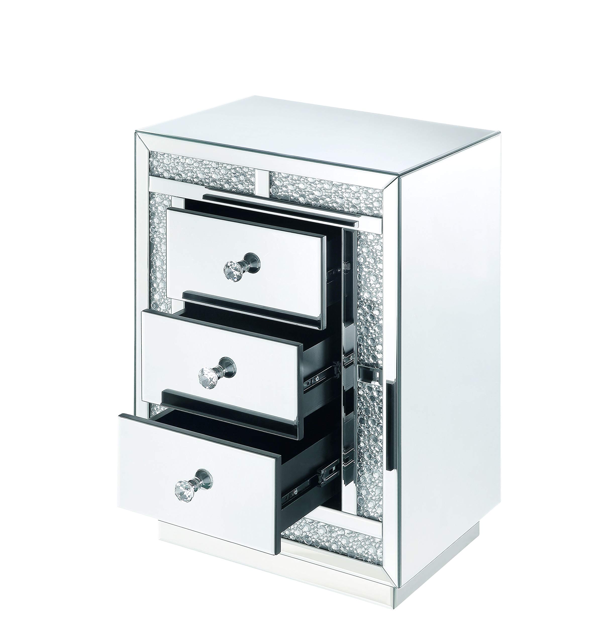 Benjara Silver Mirrored Wooden Nightstand with 3 Drawers & Flat Base - Modern Bedroom Side Table for Small Spaces, Guest Rooms & Apartments