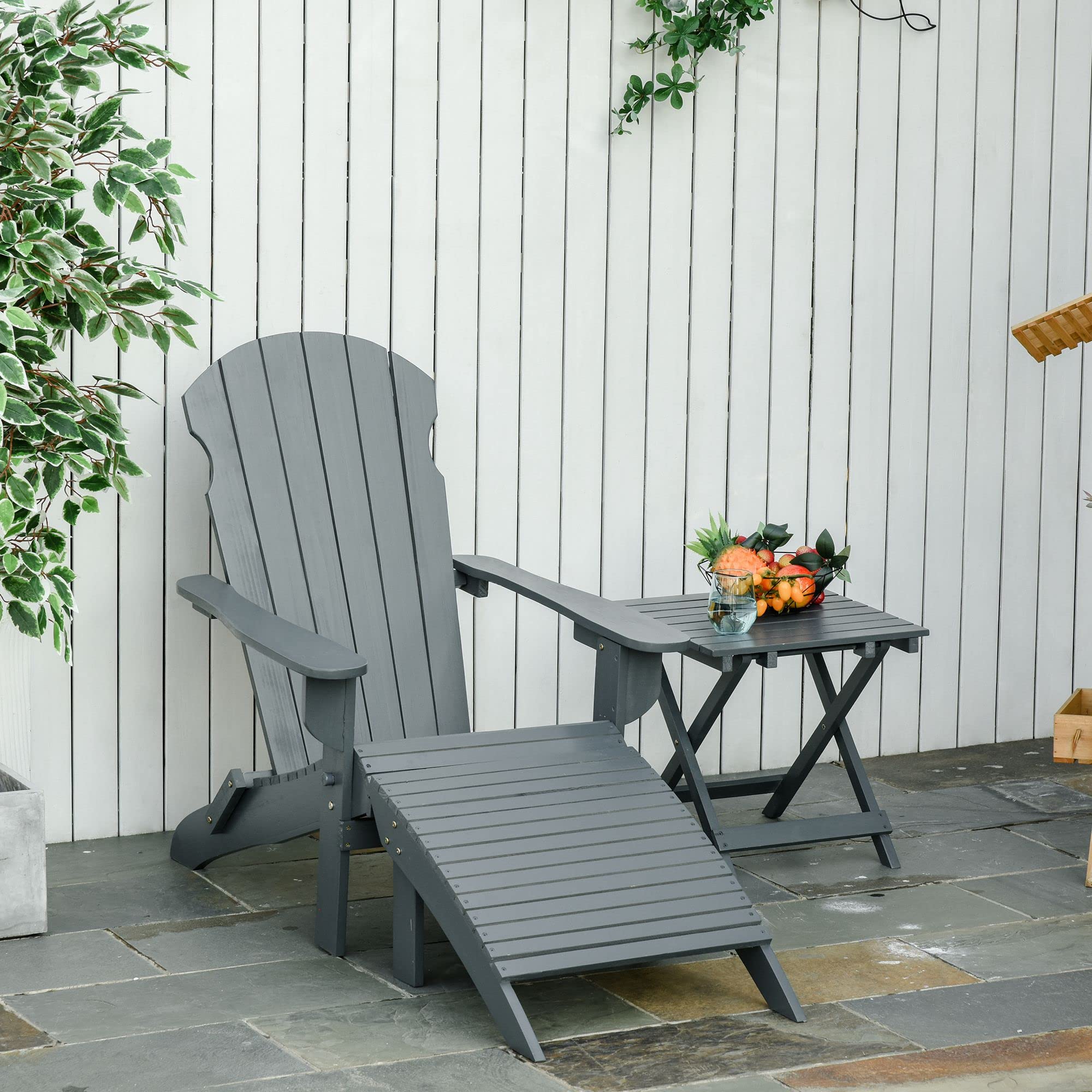 Outsunny 3-Piece Folding Adirondack Chair Set with Ottoman & Side Table - High-Back Outdoor Wooden Fire Pit Chairs, Wide Armrests for Patio, Backyard, Garden, Lawn - Gray - Perfect for Relaxing, Campfires & Outdoor Gatherings