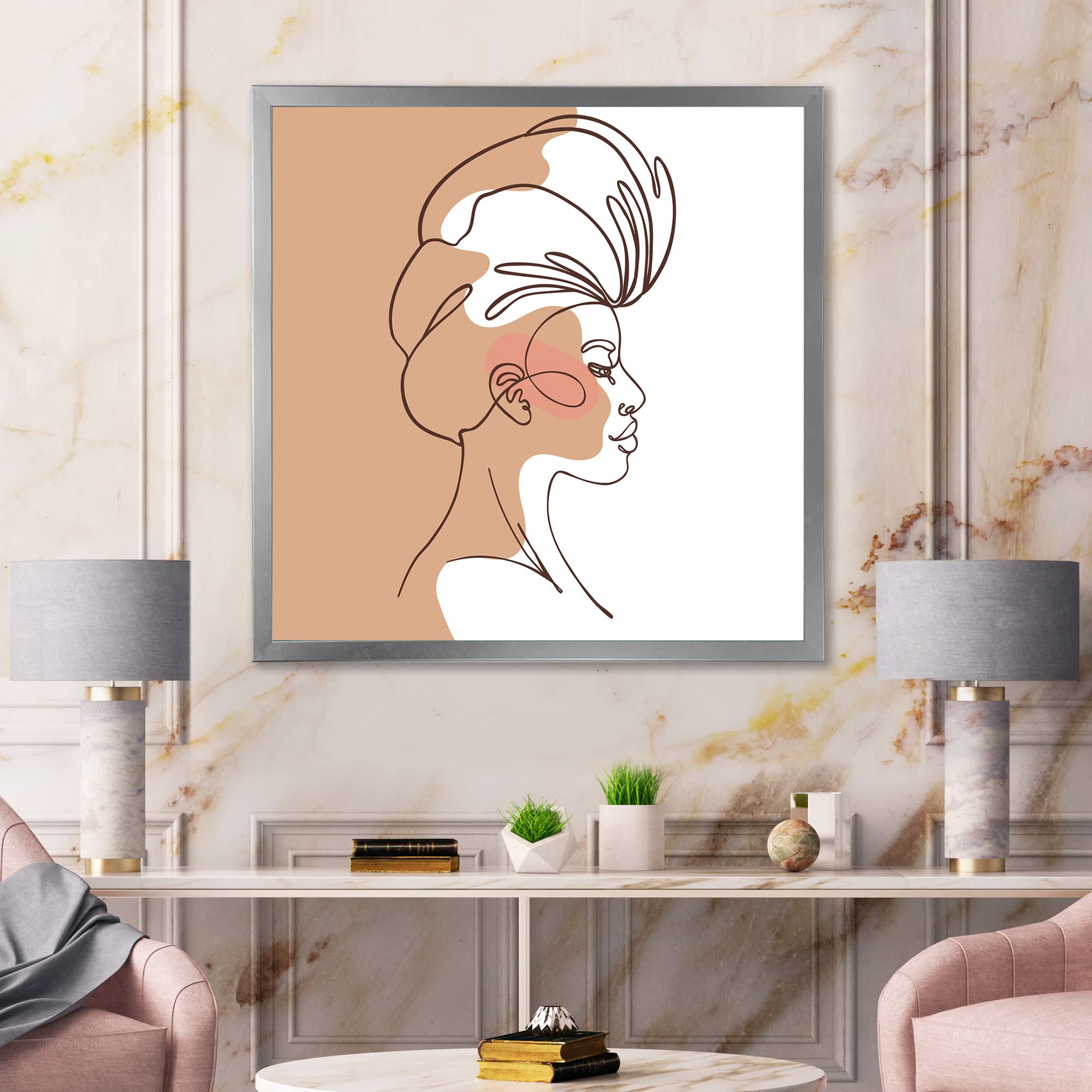 DesignQ One Line Portrait of African American Woman II - Modern Framed Wall Art Decor for Living Room, Bedroom & Office - Minimalist Black & White Line Drawing Artwork