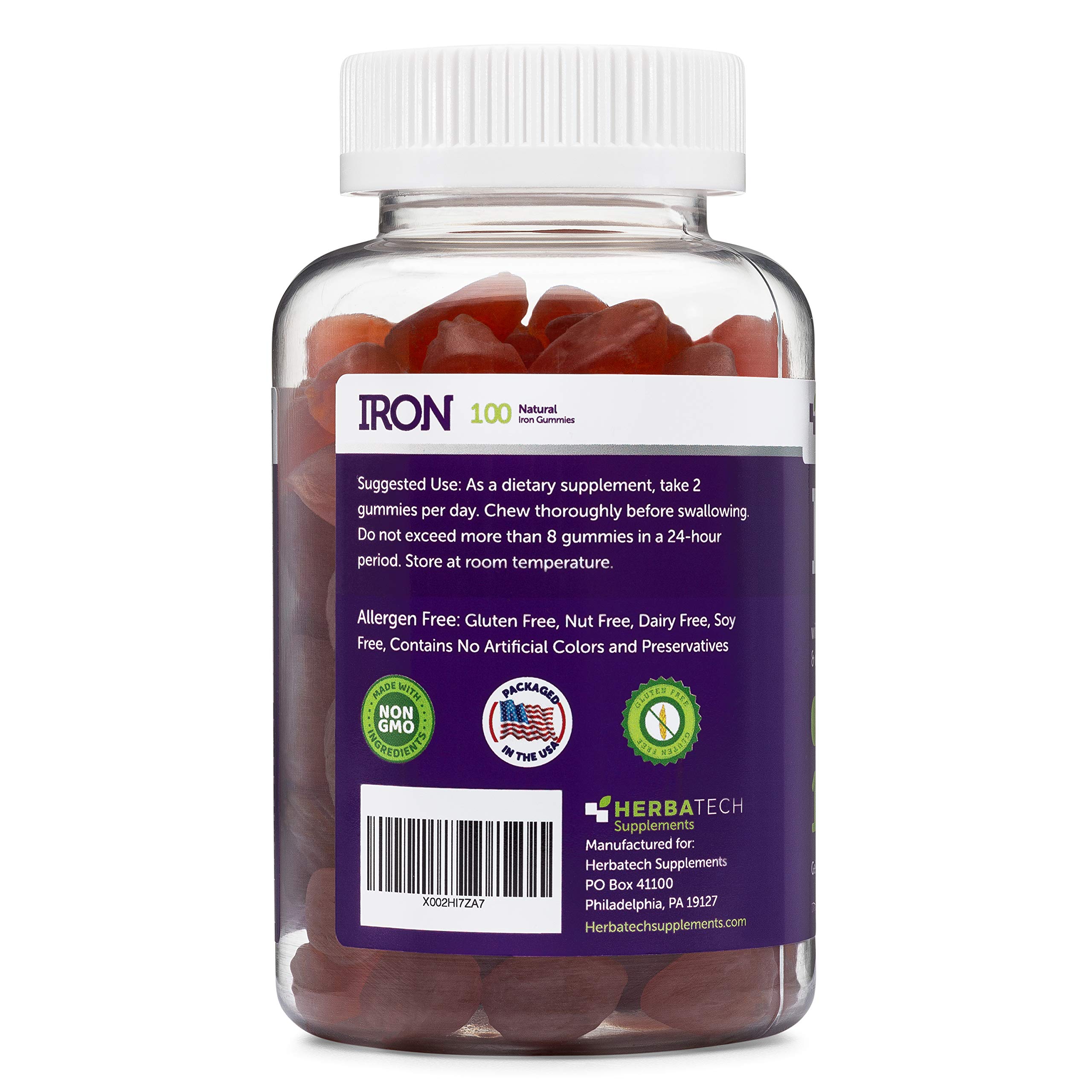Iron Gummies for Adults & Kids - Chewable Multivitamin with Iron, Vitamin C, A, B, Zinc, Folic Acid & Biotin | Grape Flavor | Vegan, Non-GMO | Made in USA by HERBATECH | Supports Energy, Immunity & Healthy Hair Growth for Busy Lifestyles & Active Families