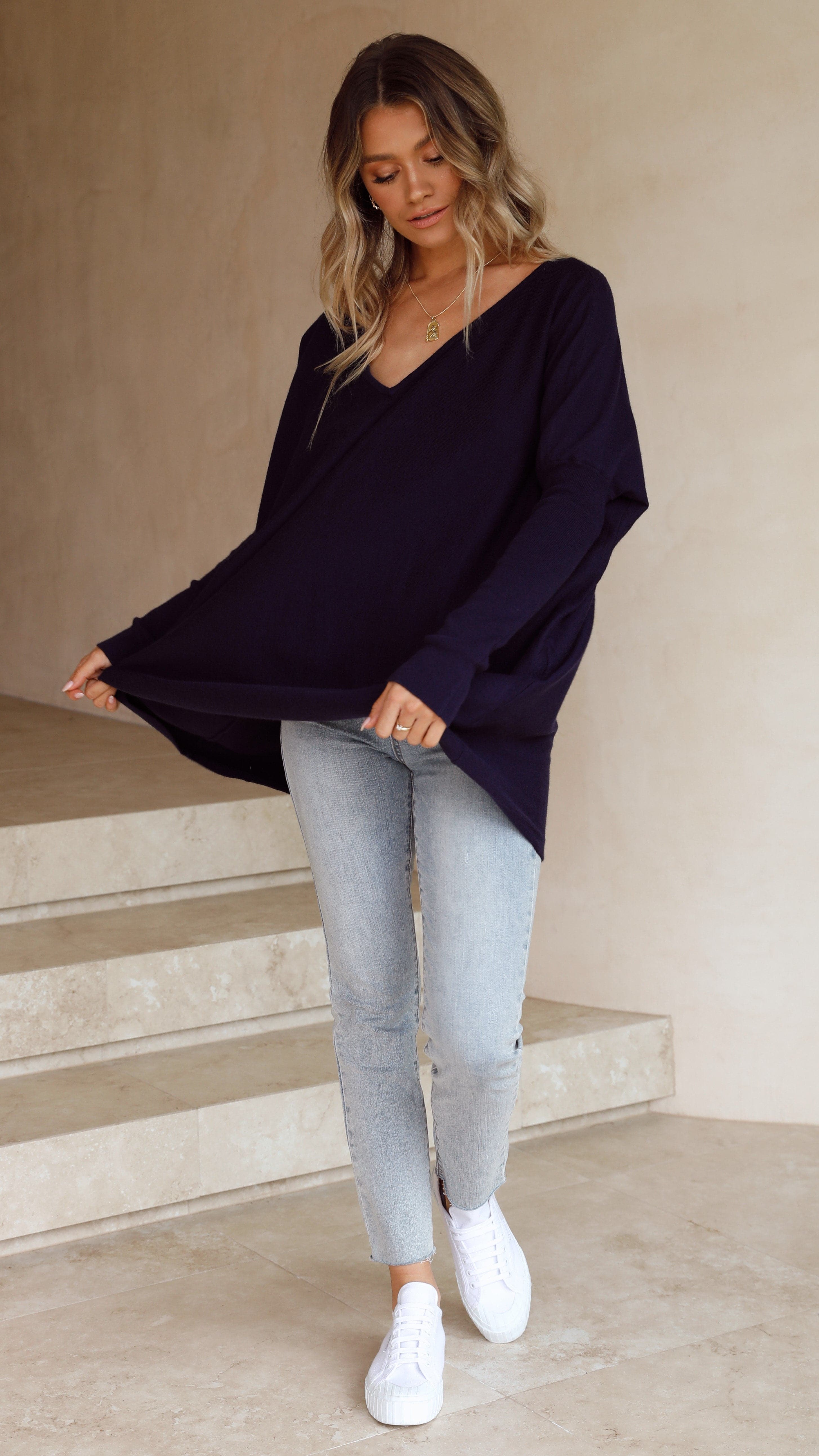 Amalia Knit Top for Women - Soft & Comfortable Navy Blue Crewneck T-Shirt - Perfect for Casual Wear, Layering & Everyday Outfits