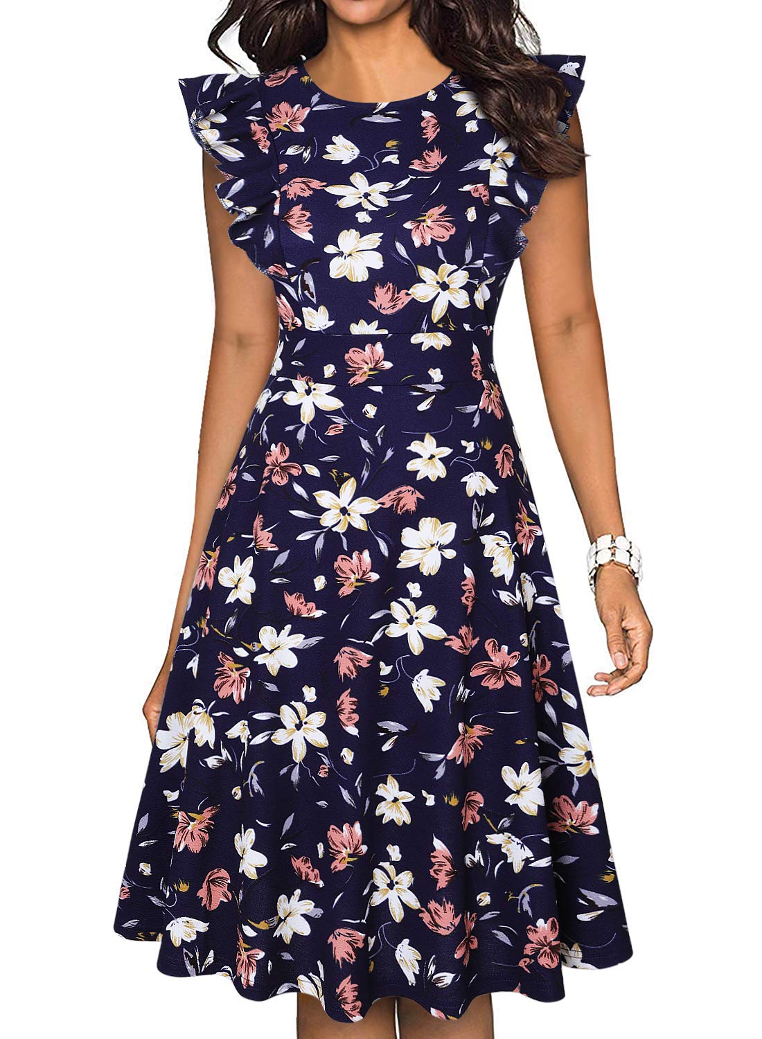 Vintage Floral Ruffle A-Line Swing Dress for Women - Elegant Cocktail Party Dress with Pockets | Perfect for Weddings, Date Nights & Special Occasions