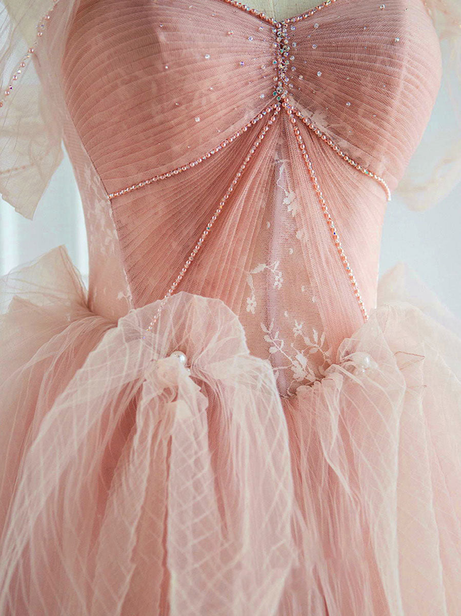 Elegant Pink Sweetheart Neck Tulle Long Prom Dress for Sweet 16 Party, Formal Dances & Special Occasions