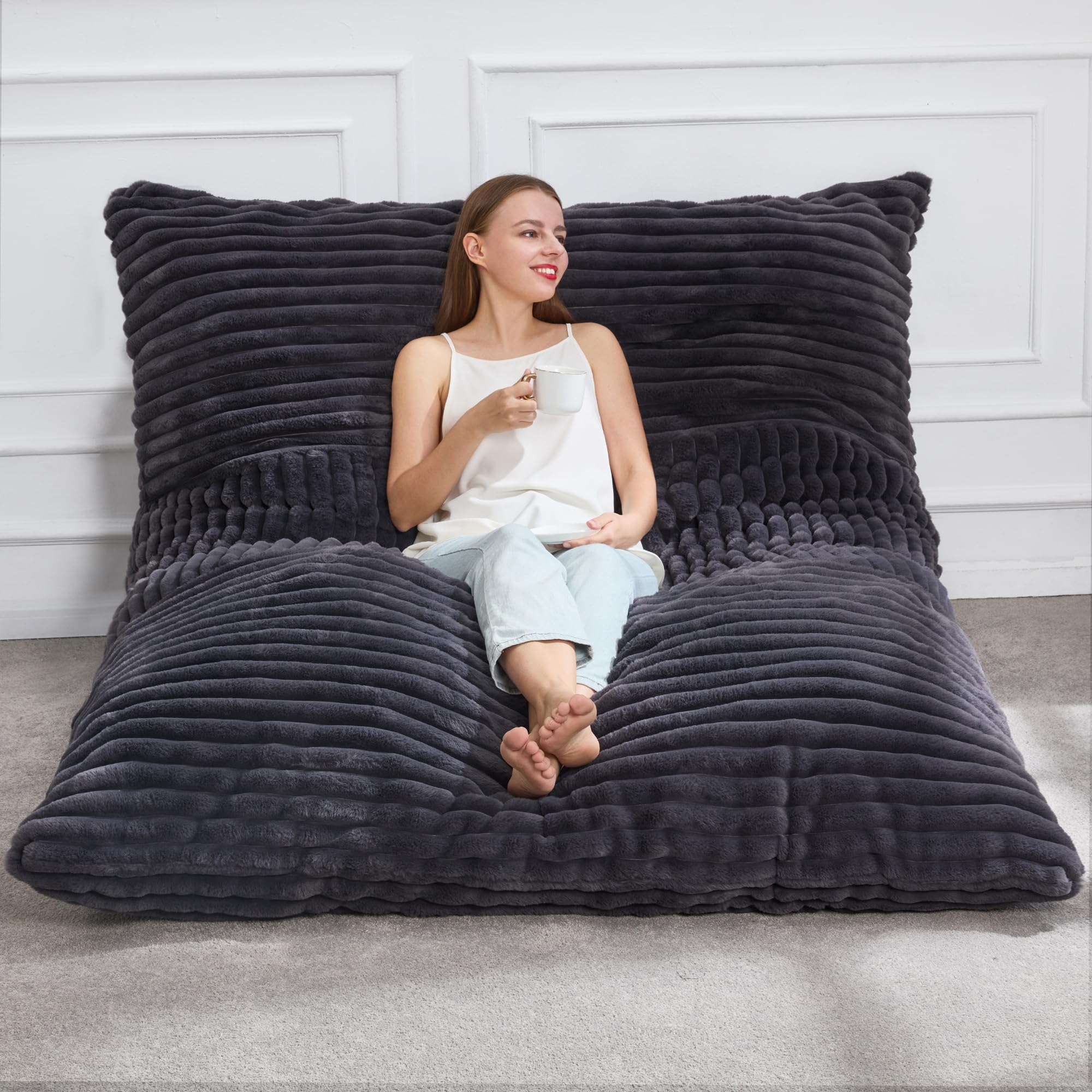 Hobestluk 3-in-1 Convertible Bean Bag Chair - Giant Floor Cushion with Machine Washable Cover for Adults - Dark Grey - Perfect for Living Room, Bedroom & Game Room Relaxation