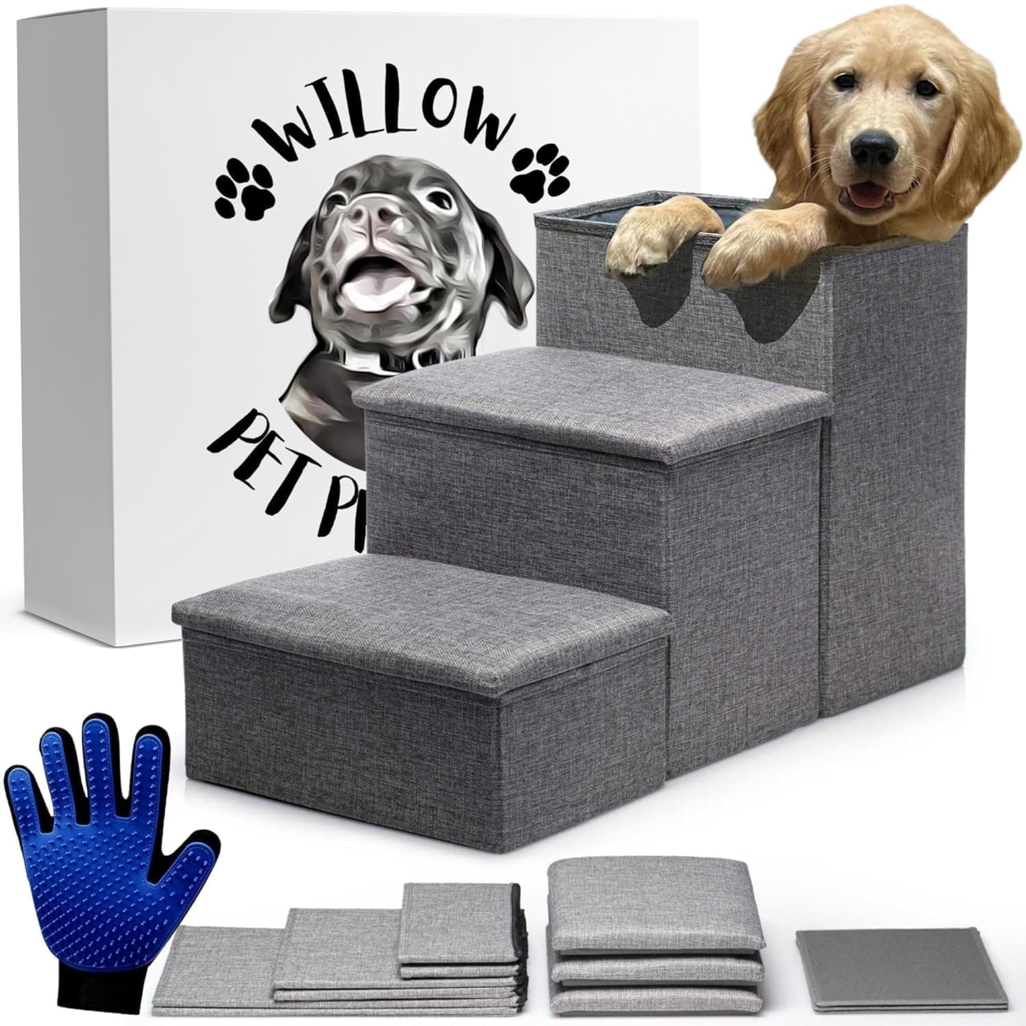 24 Inch Foldable Dog Stairs for High Beds - Portable Pet Steps for Large Dogs up to 32 Inches - Storage Space Included - Perfect for Bed, Couch & SUV Access