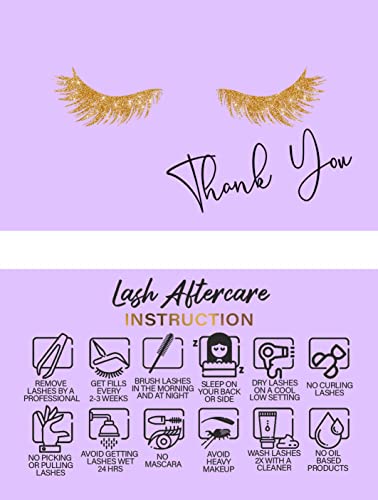 50 Pack Eyelash Extension Aftercare Cards with Thank You Note - 3.5”x2” Lash Care Instruction Cards for Professionals & Salons - Perfect for Post-Eyelash Extension Client Care & Beauty Business Marketing (Purple)