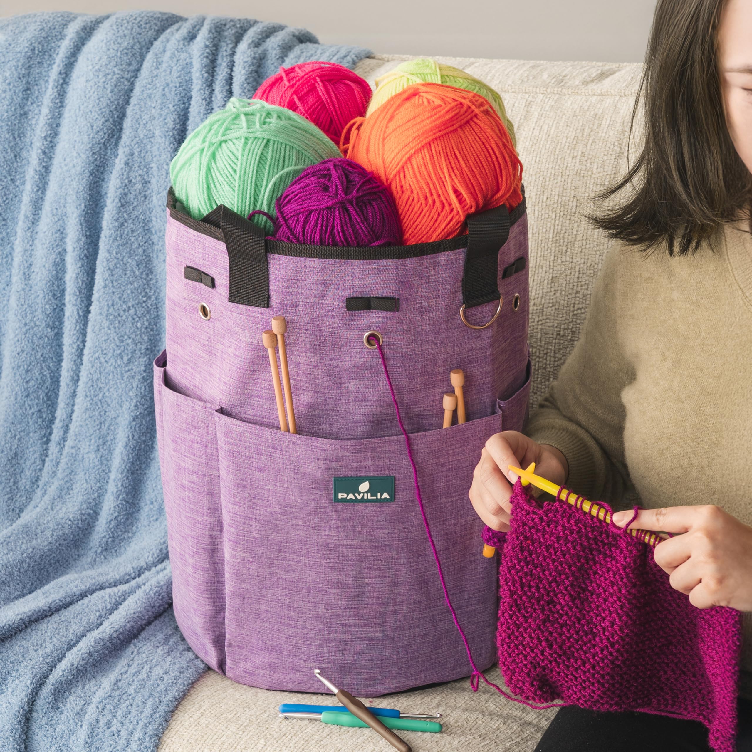 PAVILIA Crochet Yarn Bag Organizer with Grommets - Perfect Gift for Knitters & Portable Craft Storage (Heather Purple) for Travel & Home Use