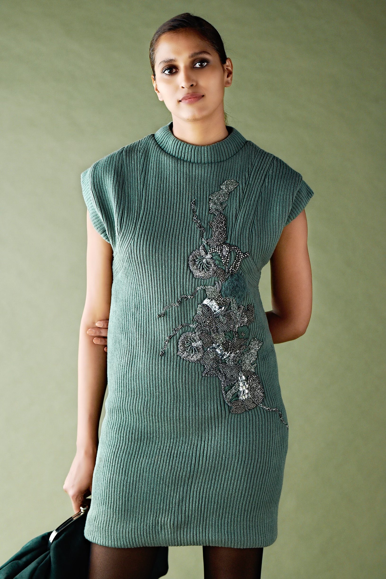 Exquisite Jade Green Pewter Embellished Shift Dress - Handcrafted Details for Women | Perfect for Weddings, Parties & Special Occasions