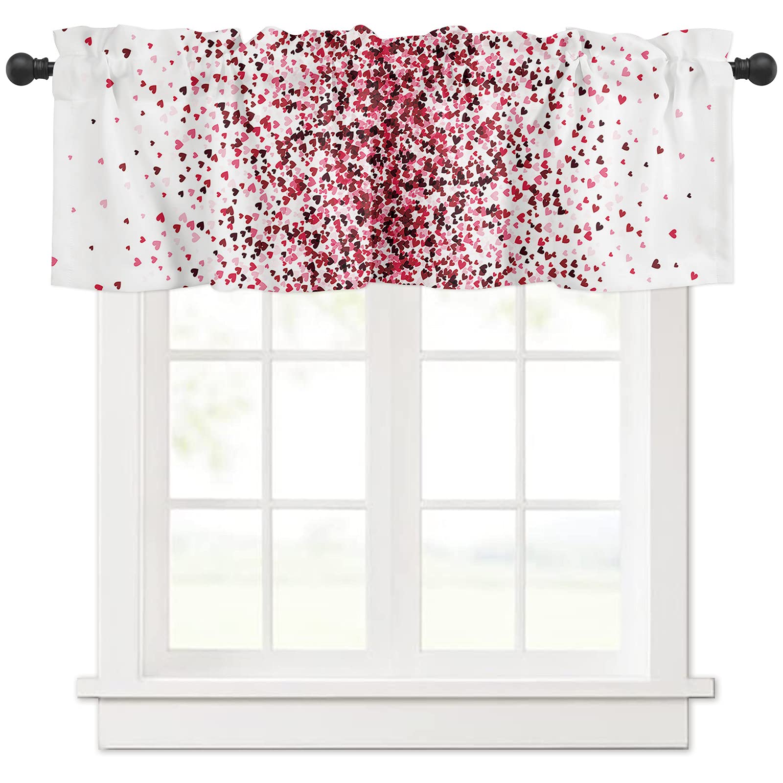 Valentine's Day Heart Pattern Window Valances - Rod Pocket Cafe Curtain for Kitchen, Bedroom & Living Room Decor - 54x18 Inches, 1 Panel - Romantic Home Decoration for Windows, Dorm & Apartment