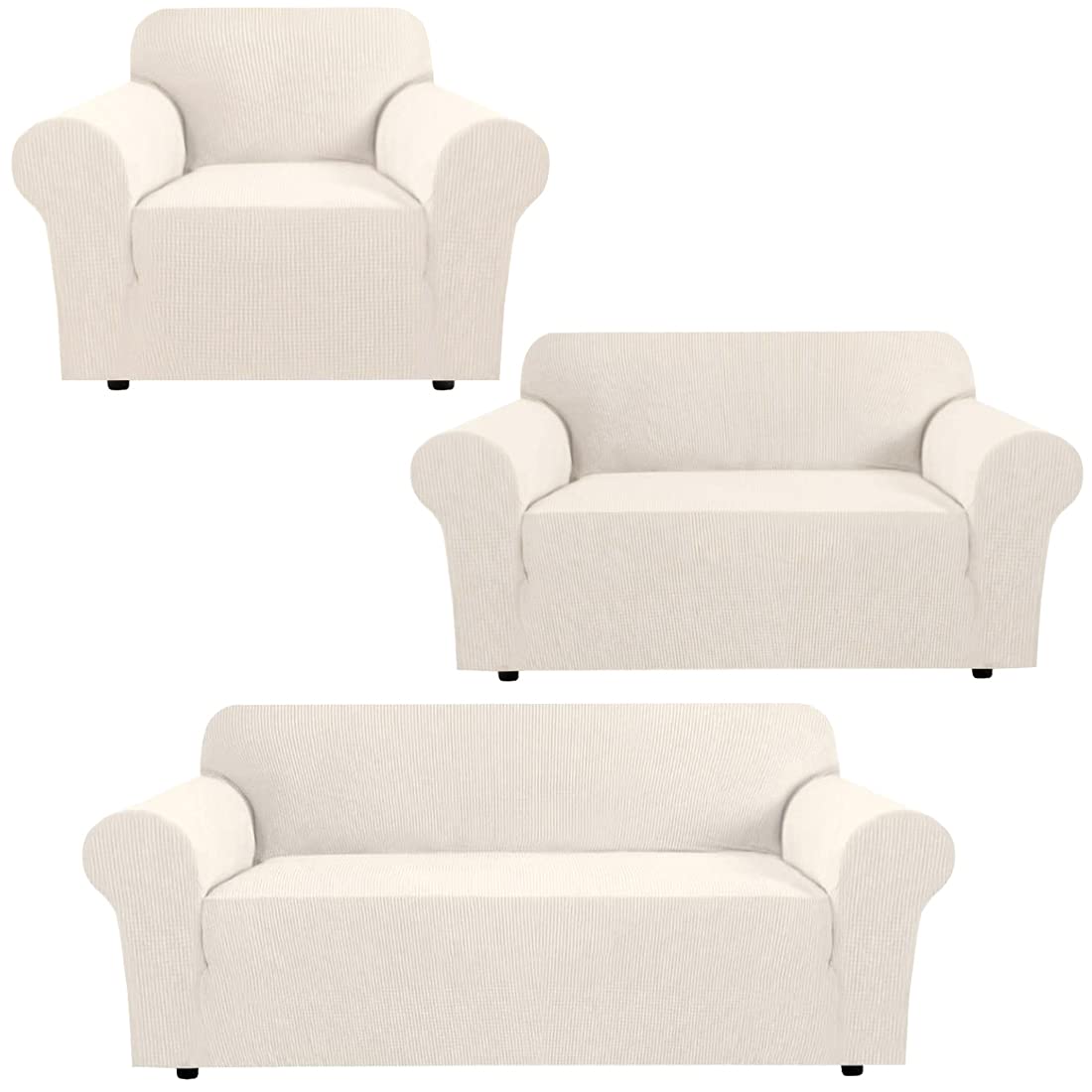 H.VERSAILTEX Stretch Sofa Covers Set - 3 Cushion Couch Cover, 2 Cushion Loveseat Cover & Armchair Slipcover - Soft Spandex Fabric, Easy Fit, Ivory - Perfect for Living Room, Bedroom, and Home Decor Protection