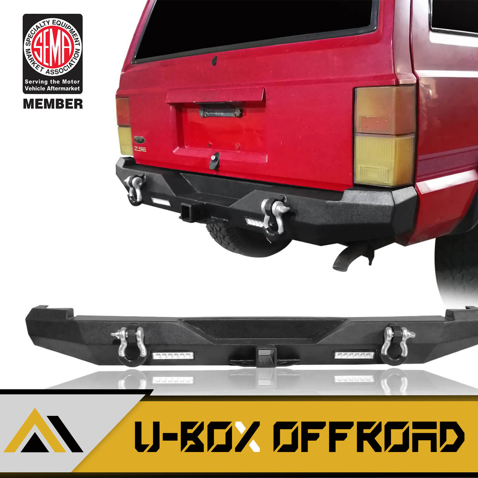 **Discovery Rear Bumper with LED Floodlights for 1984-2001 Jeep Cherokee XJ – Off-Road Protection & Enhanced Night Visibility**    *(Use Case: Perfect for off-road adventures, nighttime driving safety, and rugged Jeep Cherokee XJ upgrades.)*