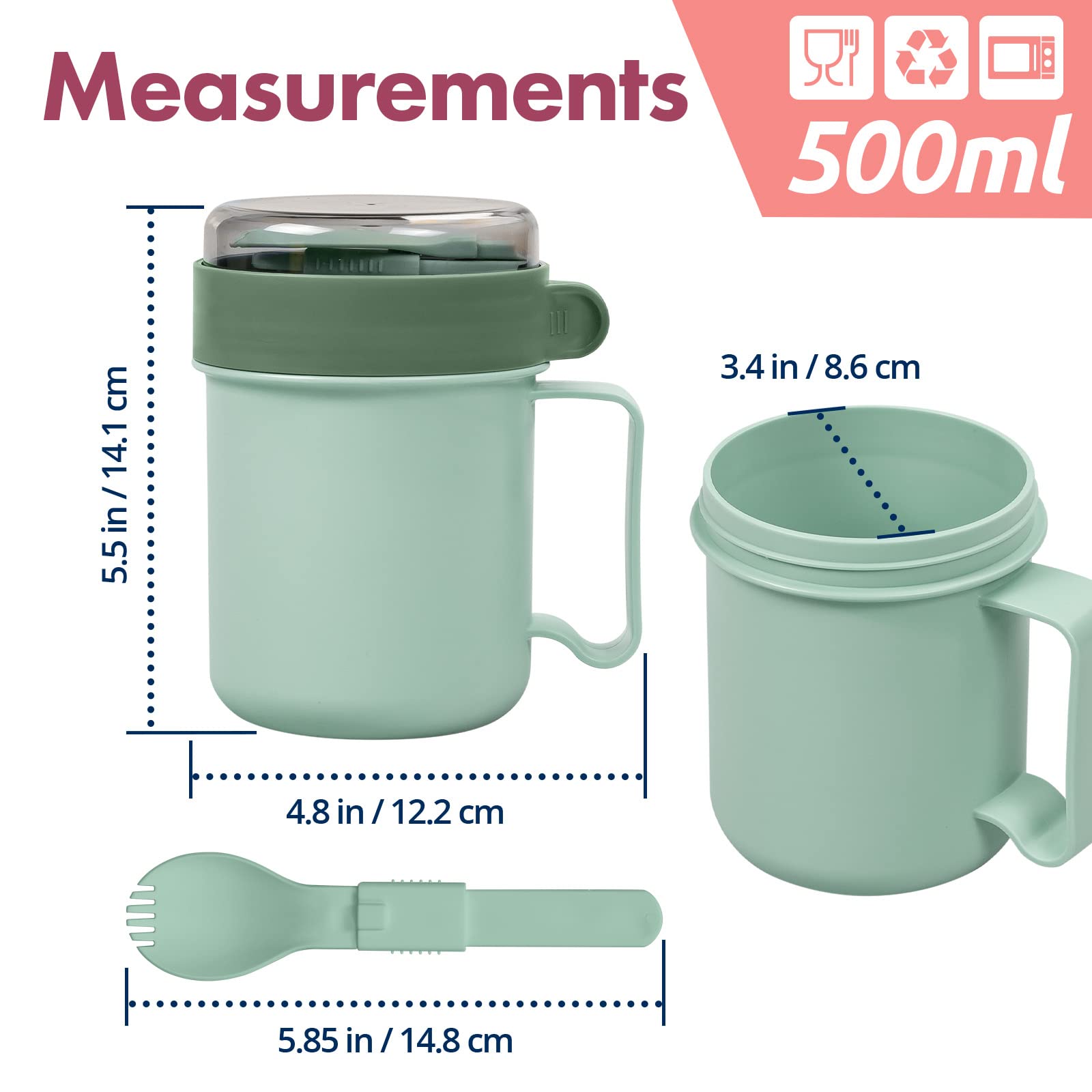 Chiir Microwave Safe Soup Mugs with Lids - 17.63oz Green BPA-Free Soup Cup for Ramen, Noodles, Beverages & Hot Drinks - Perfect for Office Lunch, College Dorm & Quick Meals