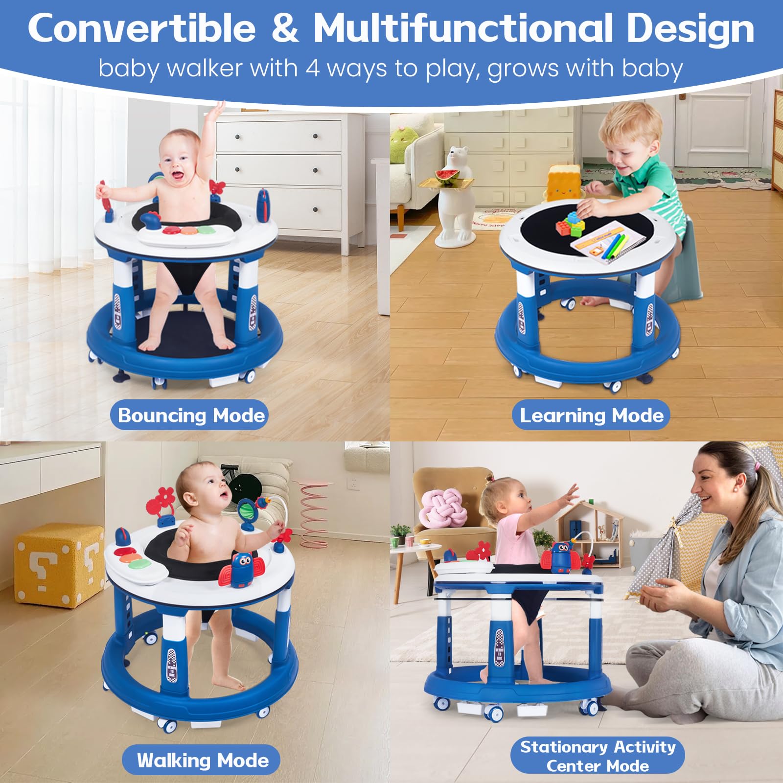 5-in-1 Adjustable Baby Walker with Wheels - Foldable Activity Walker for Infants 6-18 Months | Bouncer, Learning Mode, Music & Foot Pad | Perfect for Boys & Girls Learning to Walk | Ideal for Playtime, Early Development & Indoor Exploration