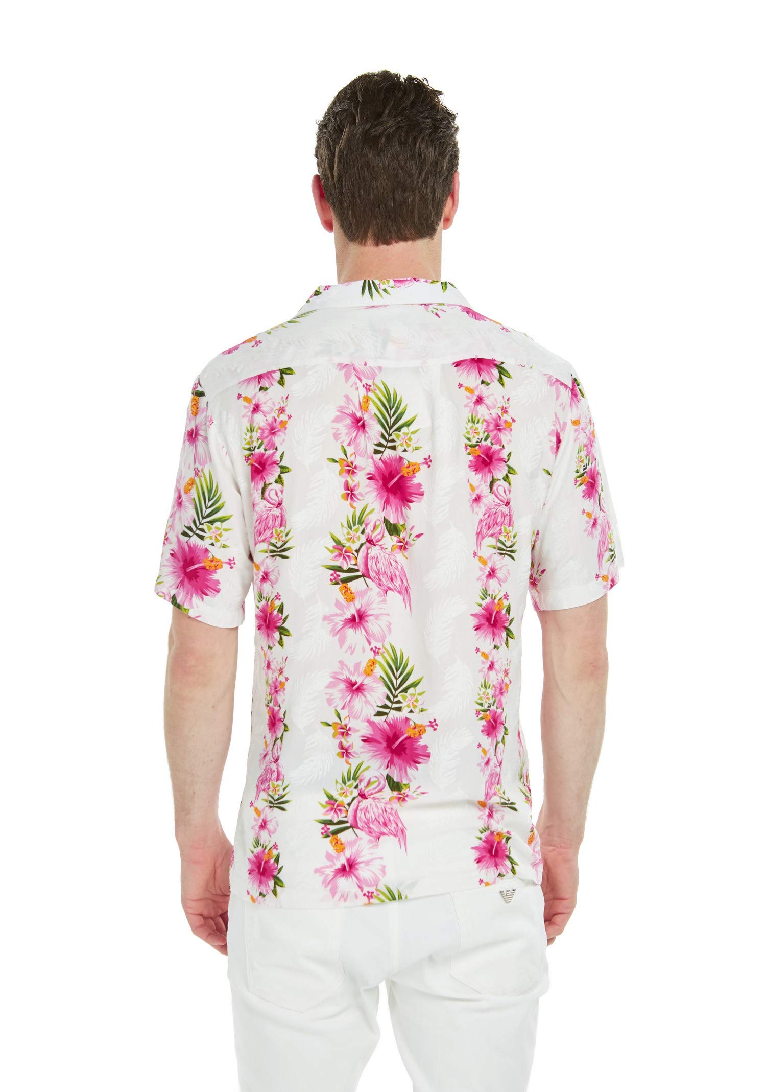 Matching Father Daughter Hawaiian Shirts & Romper Set - Pink & White Hibiscus Vine Print - Tropical Luau Dance Outfits for Family Vacation & Beach Party