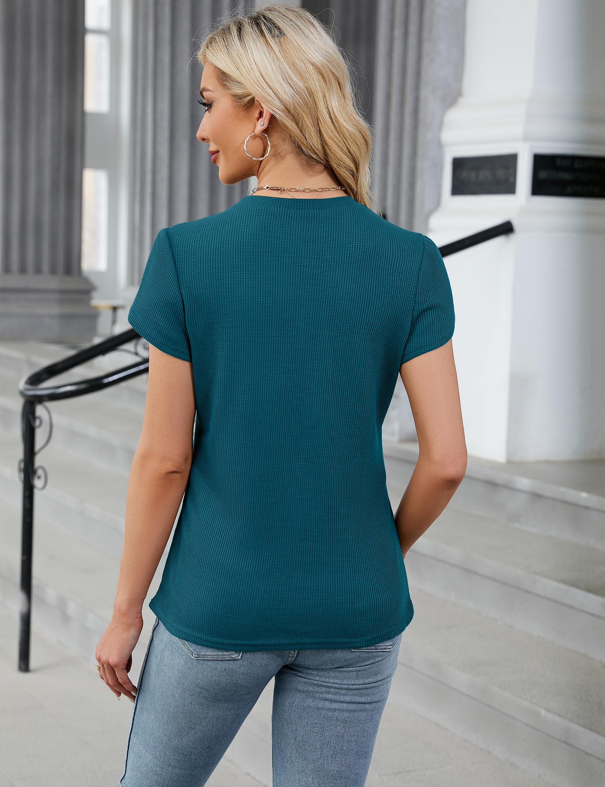 Blooming Jelly Women's Short Sleeve Crew Neck Waffle Knit T-Shirt - Casual & Dressy Business Work Tops for Summer | Perfect for Office Wear, Weekend Outings & Smart Casual Occasions