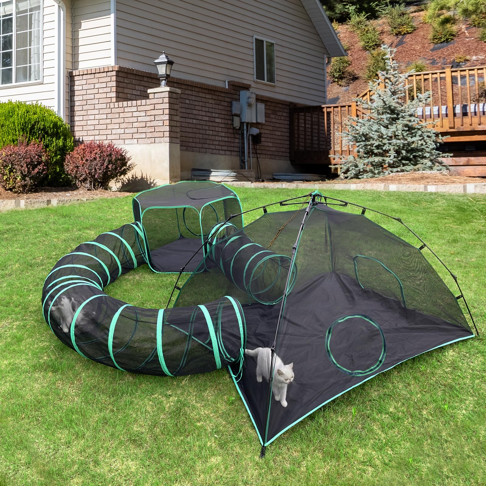 Outdoor Cat Tent with Tunnels - Foldable Portable Cat Enclosure for Indoor & Outdoor Use - 4-in-1 Pet Playpen Includes 2 Tents & 2 Tunnels - Perfect for Backyard, Camping, and Travel Adventures with Your Cat